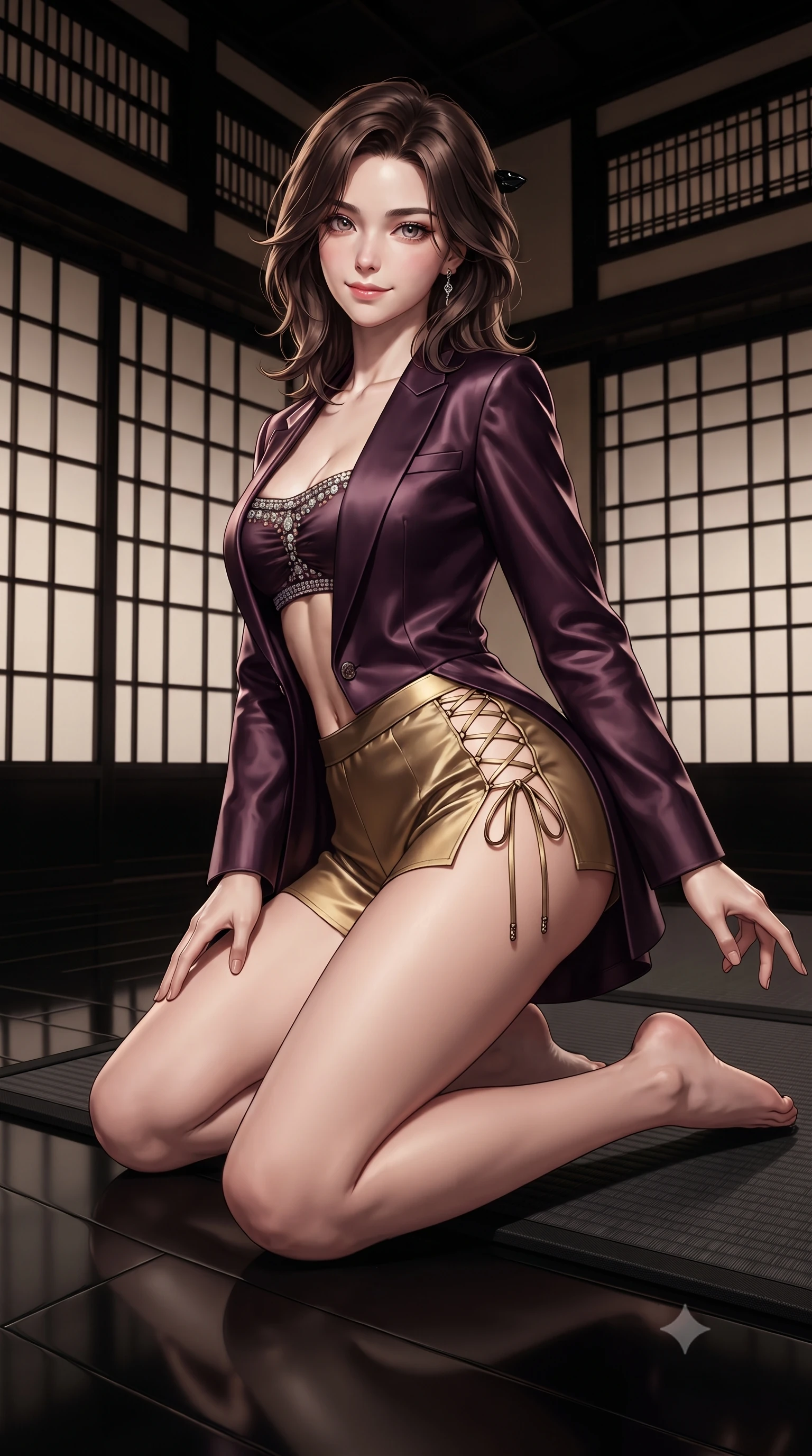 score_9, masterpiece, best quality, ultra-detailed, high-budget anime keyframe, editorial fashion photography, tasteful artistic composition, Korean woman. low angle full-body shot from head to toe showing her feet, filling the entire 9:16 vertical frame with her statuesque presence, stretching her vertical silhouette. stepping slowly toward the camera with hypnotic grace, hips swaying in an alluring sensual rhythm that accentuates her curvy hourglass silhouette and long slender legs while kneeling gracefully on the matte black washi tatami with hips angled back, arching her spine with seductive traditional-modern allure. The surrounding environment is rendered in vivid detail and crisp panoramic clarity: detailed form-fitting modern cheongsam-cut silk mini dress tailoring, obsidian hair clip gleam, and Japanese luxury interior design in razor-sharp precision. She has an absolutely perfect, statuesque 8.5-heads proportion, an exceptionally tall and slender model-like female figure with impossibly long slender legs, an ultra-slim waist, a flat toned midriff, narrow delicate ribcage, and beautifully sculpted feminine hips creating a graceful, slim hourglass silhouette without any bulky heaviness. sharp v-shaped jawline, high-bridge nose, sparkling eyes with hypnotic seductive depth, thick curled eyelashes, glossy parted lips with a natural dewy peach sheen, alluring bedroom-eyes with an enchanting coquettish smile, exuding magnetic siren charisma and sophisticated glamour, flawlessly proportioned anatomical accuracy, strict slender model proportions, natural body alignment, perfectly sculpted long slender limbs, ultra-slim waistline, clean dynamic posture without body distortion. wearing a tailored open-front satin smoking jacket worn over a jewel-embellished bandeau and micro-shorts in rich dark plum violet and gilded antique brass, crafted from fluid liquid silk satin that clings smoothly to every curve with a dewy sheen, featuring fine criss-cross lace-up side ties revealing tantalizing glimpses of her hip curve, the high-slit wrap tailoring accentuating her ultra-slim waistline and the enchanting curve of her feminine hips with alluring seductive charm. illuminated by black lacquer reflection bounce and sharp platinum-gold rim lights sculpting her jawline, narrow waist, and curvy hips. ultra-reflective glossy finish, specular highlights, rich textural contrasts, high-contrast stereoscopic depth, volumetric dynamic lighting, 2k, ultra detail, master piece, 9:16 ratio