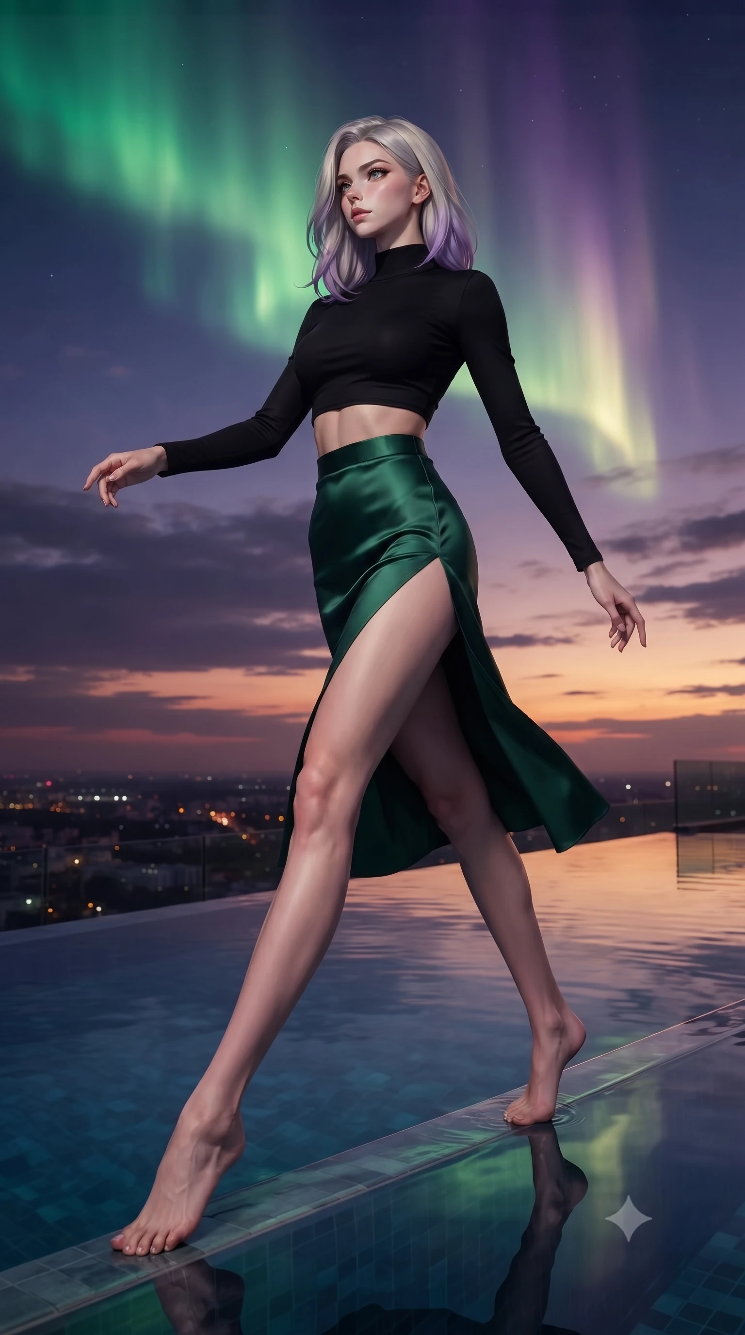 score_9, masterpiece, best quality, ultra-detailed, high-budget anime keyframe, editorial fashion photography, tasteful artistic composition, Caucasian woman, strictly human ears. low angle full-body shot from head to toe showing her feet, filling the entire 9:16 vertical frame with her statuesque presence, stretching her vertical silhouette. vaulting dynamically through standing at the vanishing edge of a rooftop infinity pool at twilight where the still water surface blends seamlessly into the sunset horizon creating the illusion of swimming into the sky. She has a statuesque 8.5-heads proportion, an exceptionally tall, slender and willowy model-like build with impossibly long legs and a highly sculpted ultra-slim waist. sharp v-shaped jawline, high-bridge nose, intricate jewel-like eyes with depth, thick eyelashes, glossy lips with a natural sheen. wearing a black long-sleeve crop top paired with a high-waisted silk midi skirt in emerald green with a thigh-high side slit. illuminated by a shifting aurora palette of green violet and gold from above. 2k, ultra detail, master piece, 9:16 ratio