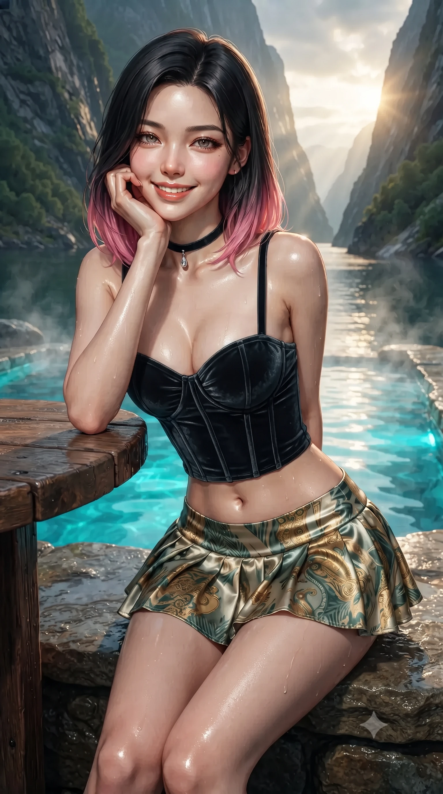 score_9, masterpiece, best quality, ultra-detailed, high-budget anime keyframe, editorial fashion photography, tasteful artistic composition, Korean woman. close-up cowboy shot from the waist and thighs up, the character dominates the composition, filling the frame with her large presence. resting one elbow on the table and supporting her chin, leaning close to the camera with heavy-lidded sparkling eyes and parted lips while standing poised on the natural stone ledge beside the steaming infinity hot tub suspended above the impossibly narrow Trollfjord entrance, arching her spine with wet-look siren charisma. The surrounding environment is rendered in vivid detail and crisp panoramic clarity: detailed outfit texture, wet cling or bodycon fit, and breathtaking fjord engineering in razor-sharp precision. She has an exceptionally elegant, slender, and willowy female figure with an ultra-slim waist, flat toned midriff, narrow ribcage, and sculpted feminine hips creating an alluring, slim hourglass silhouette without bulk. sharp v-shaped jawline, high-bridge nose, intricate jewel-like sparkling eyes with depth, thick eyelashes, glossy parted lips with a natural peach sheen, bright cheerful beaming smile with an enchanting and coquettish sensual glint, exuding both youthful cute charm and seductive allure, flawlessly proportioned anatomical accuracy, strict slender model proportions, natural body alignment, perfectly sculpted long slender limbs, ultra-slim waistline, clean dynamic posture without body distortion. wearing a structured boned velvet bustier top paired with an ultra-short low-rise pleated micro mini skirt in Tulum jungle agave sage and copal resin gold, crafted from fluid liquid silk satin that clings smoothly to her narrow waist and rounded hips with a dewy sheen, finished with a thin velvet ribbon choker and a single teardrop diamond pendant, the form-contouring silhouette accentuating her sculpted flat midriff, narrow delicate ribcage, and gracefully curvy hips with intoxicating allure. bathed in underwater pool turquoise LEDs combined with golden late-evening sun filtering between narrow mountain gaps. ultra-reflective glossy finish, specular highlights, rich textural contrasts, high-contrast stereoscopic depth, volumetric dynamic lighting, 2k, ultra detail, master piece, 9:16 ratio