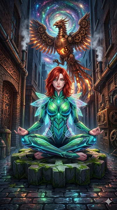 score_9, masterpiece, best quality, ultra-detailed, Set A: High-budget Anime Keyframe, Caucasian (human ears) woman. Low angle cowboy shot filling the entire 9:16 frame with her statuesque presence. Theme: Primal Nature. meditating in a steampunk Lon