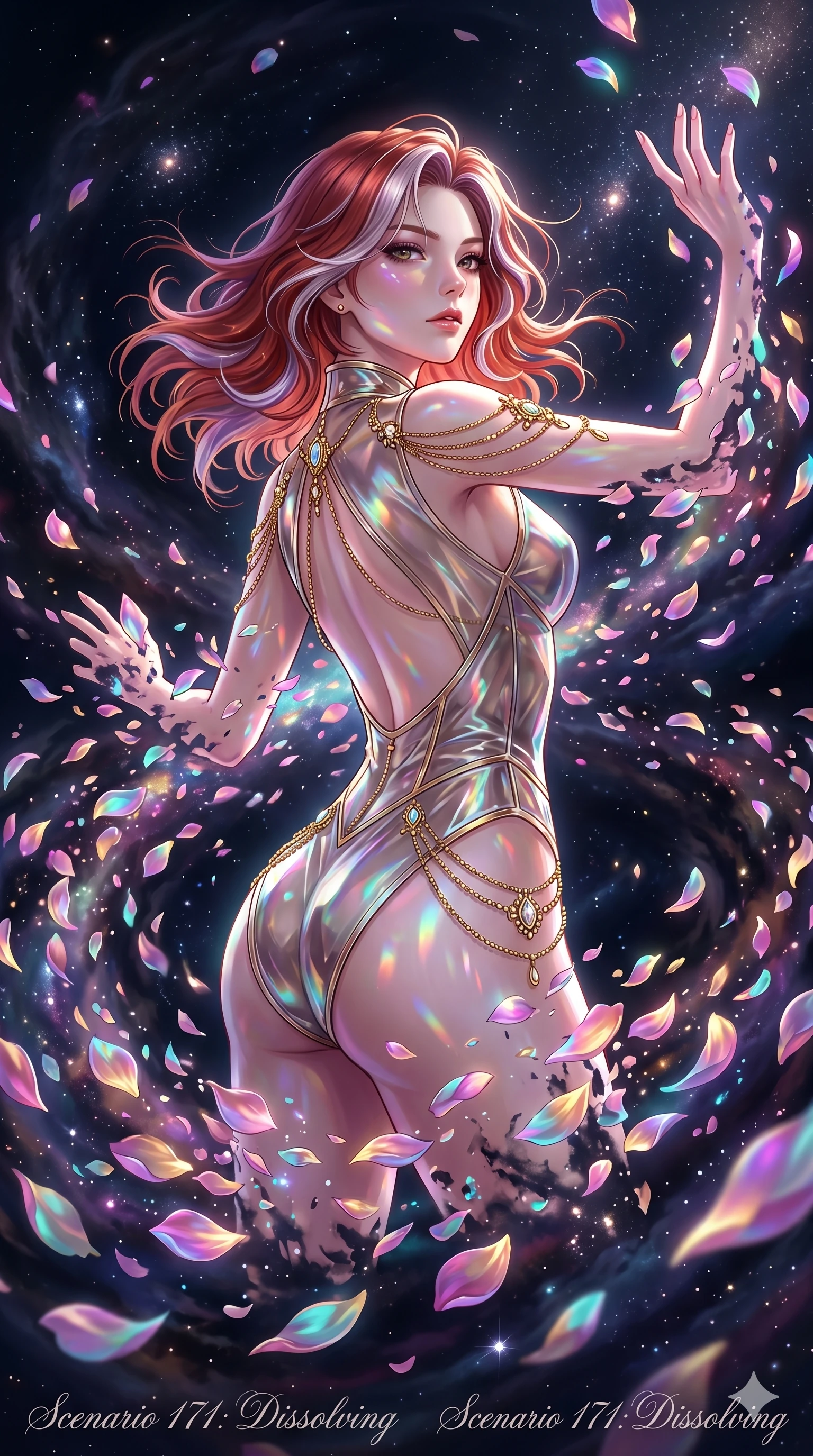 score_9, masterpiece, best quality, ultra-detailed, High-budget Anime Keyframe, East Asian woman. Low angle cowboy shot filling the entire 9:16 frame with her statuesque presence. Scenario 171: Dissolving into a cloud of iridescent silk petals in a void. Her presence is magnetic and overpowering in this high-budget anime scene. Outfit 171: A translucent PVC dangerous with a backless design and fine gold chains. The clothing is designed to emphasize her exceptionally tall and slender 8-heads proportion. 8-heads proportion, towering silhouette, ultra-slim waist. sharp v-shaped jawline, intricate jewel-like eyes with depth, thick eyelashes, glossy lips. 2k, ultra detail, master piece, 9:16 ratio