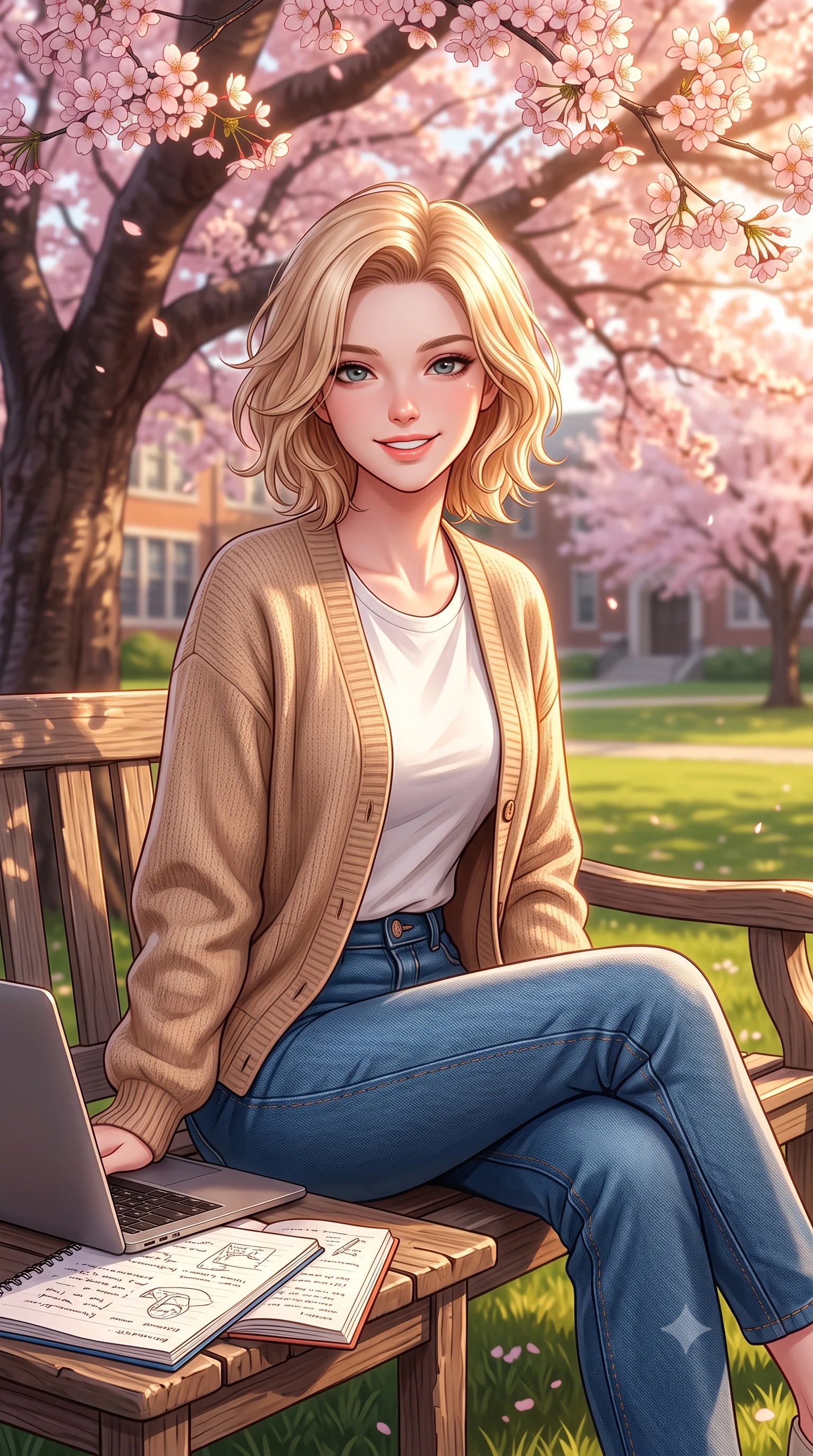 score_9, masterpiece, best quality, ultra-detailed, high-budget anime keyframe, editorial fashion photography, tasteful artistic composition, Caucasian woman. close-up cowboy shot from the waist and thighs up, the character dominates the composition, filling the frame with her large presence, background elements kept in soft focus. smiling with cute and bright self-assurance, looking directly at the viewer set against a soft-focus background of sitting on a wooden bench under a large, blooming cherry blossom tree on a college campus lawn with a laptop and open notebooks arranged on a wooden table. She has an exceptionally elegant, slender, and willowy female figure with an ultra-slim waist, a gracefully sculpted slender torso, and a refined silhouette. sharp v-shaped jawline, high-bridge nose, intricate jewel-like eyes with depth, thick eyelashes, glossy lips with a natural sheen. wearing tailored cozy knit cardigan in beige, layered over a casual white tee and tailored blue denim pants. golden hour sunset light casting a peaceful, cozy orange wash across the lawns. highly saturated vibrant anime colors, detailed shading with soft gradients, rich glossy textures, high-contrast stereoscopic depth, volumetric dynamic lighting, master piece, 9:16 ratio