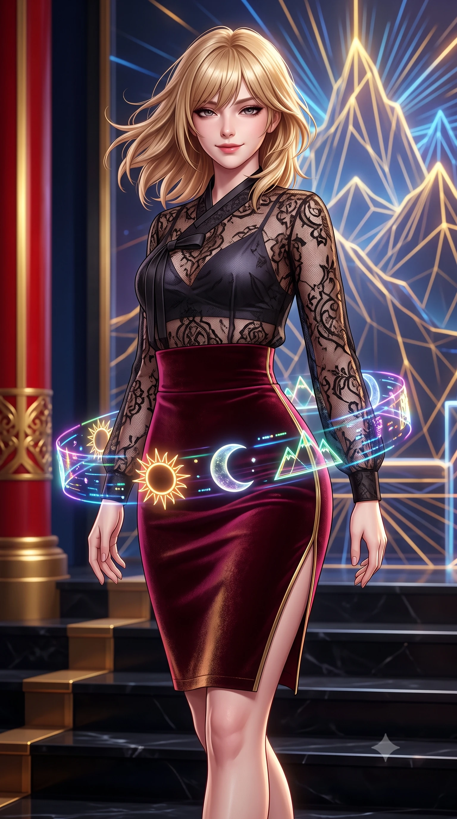 score_9, masterpiece, best quality, ultra-detailed, high-budget anime keyframe, semi-realistic 3D game render, editorial fashion photography, tasteful artistic composition, Japanese woman. close-up cowboy shot from the waist and thighs up, the character dominates the composition, filling the frame with her large presence. turning slowly with a smoldering smile, her glossy dark hair tossing in the evening breeze as her hips angle gracefully in a captivating contrapposto while twisting her slender torso in an alluring contrapposto stance, floating digital symbols of the Sun, Moon, and Five Peaks wrapping around her hips. The surrounding environment is rendered in vivid detail and crisp panoramic clarity: sharp red-and-gold royal column lacquer, holographic mountain wireframe lines, and polished black stone dais steps in deep focus. She has an exceptionally elegant, slender, and willowy female figure with an ultra-slim waist, flat toned midriff, narrow ribcage, and sculpted feminine hips creating an alluring, slim hourglass silhouette without bulk. sharp v-shaped jawline, high-bridge nose, intricate jewel-like dark sparkling almond eyes with depth, thick lashes, glossy parted lips with a natural rose-plum sheen, bright alluring and coquettish smile with bedroom-eyes, exuding both timeless oriental elegance and sovereign high-fashion allure, flawlessly proportioned anatomical accuracy, strict slender model proportions, natural body alignment, perfectly sculpted long slender limbs, ultra-slim waistline, clean dynamic posture without body distortion. wearing a sheer black lace jeogori worn over an opaque dark silk bralette with an ultra-fitted high-waisted pencil skirt in deep wine burgundy and brushed antique gold, crafted from sumptuous crushed winter velvet with deep light-absorbing plushness, finished with sharp laser-cut side hip slits framed by gold piping, the glove-like silhouette tightly following the natural contour of her hips and long slender legs with youthful 8.5-heads elegance. bathed in majestic royal gold and sapphire light radiating from the holographic throne backdrop. highly saturated vibrant anime colors, detailed shading with soft gradients, rich glossy textures, high-contrast stereoscopic depth, volumetric dynamic lighting, master piece, 9:16 ratio