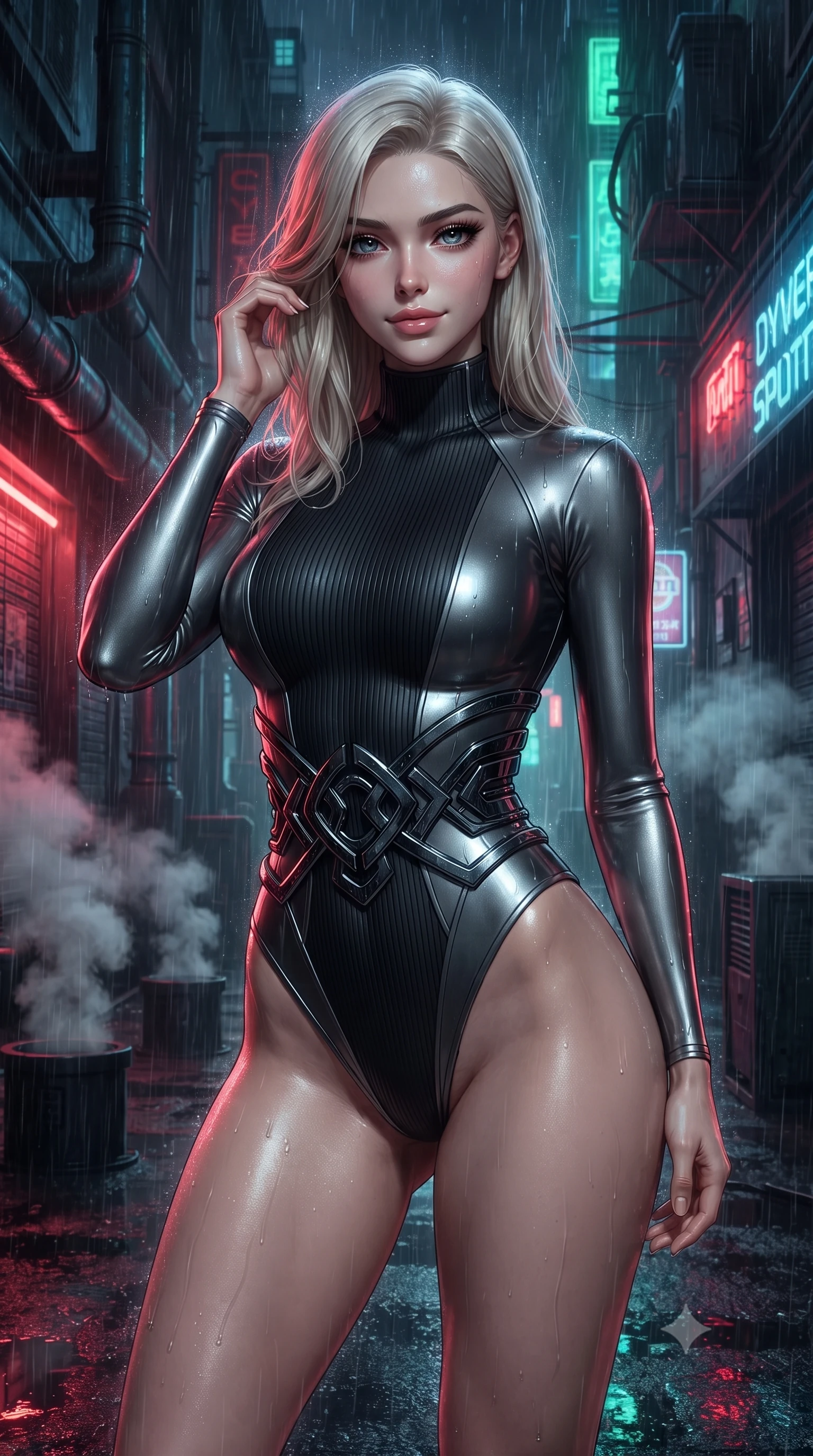 score_9, masterpiece, best quality, ultra-detailed, high-budget anime keyframe, editorial fashion photography, tasteful artistic composition, Caucasian woman. close-up cowboy shot from the waist and thighs up, the character dominates the composition, filling the frame with her large presence, background elements kept in soft focus. Smiling with quiet, magnetic self-assurance directly into the camera, standing in a pitch-black high-tech cyber alleyway drenched in torrential rain, thick steam rising from dark street vents into the cool night air. She has an exceptionally elegant, slender, and willowy female figure with an ultra-slim waist, a gracefully sculpted slender torso, and a refined silhouette. sharp v-shaped jawline, high-bridge nose, intricate jewel-like eyes with depth, thick eyelashes, glossy lips with a natural sheen. wearing sleek high-neck ribbed activewear bodysuit in matte black in metallic dark silver, made of liquid dark mercury jersey, accented with sculpted obsidian chrome rings at the waist, contouring every curve with an exceptionally elegant silhouette. bathed in high-contrast wet neon reflections and deep pitch-black shadows. highly saturated vibrant anime colors, detailed shading with soft gradients, rich glossy textures, high-contrast stereoscopic depth, volumetric dynamic lighting, master piece, 9:16 ratio