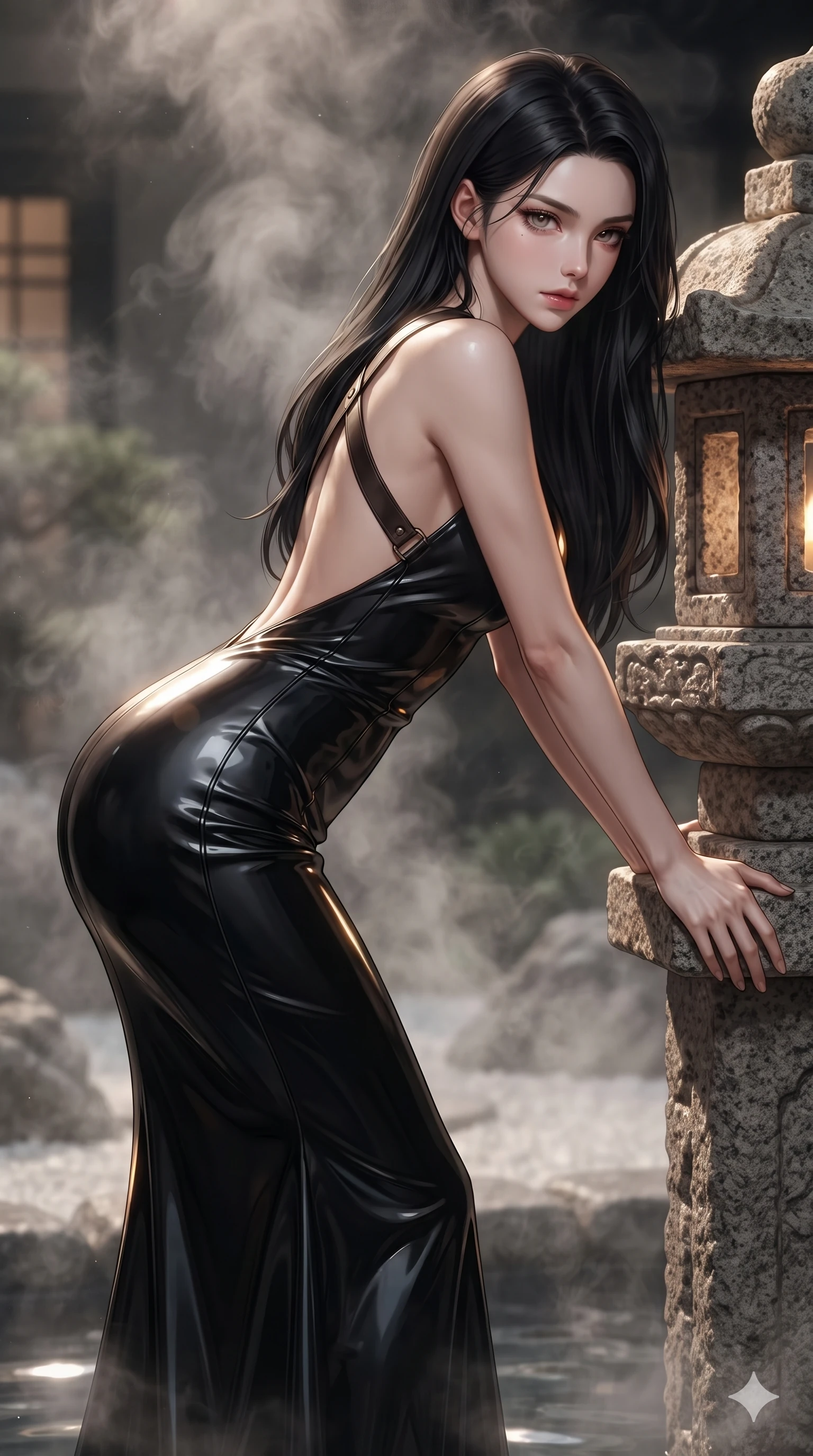 score_9, masterpiece, best quality, ultra-detailed, high-budget anime keyframe, editorial fashion photography, tasteful artistic composition, Korean woman. close-up cowboy shot from the waist and thighs up, the character dominates the composition, filling the frame with her large presence. leaning forward while arching her lower back to accentuate her curvy hips, looking into the camera with an intoxicating smoldering gaze and bedroom-eyes while leaning against the carved granite lantern pillar with hips cocked back, casting an alluring bedroom-gaze through rising mineral steam motes. The background shows a soft-focus subterranean spa humidity softened in high-rise zen rock garden shallow focus. She has an exceptionally elegant, slender, and willowy female figure with an ultra-slim waist, flat toned midriff, narrow ribcage, and sculpted feminine hips creating an alluring, slim hourglass silhouette without bulk. sharp v-shaped jawline, high-bridge nose, intricate jewel-like sparkling eyes with depth, thick eyelashes, glossy parted lips with a natural sheen, intensely captivating and seductive bedroom-eyes expression, exuding both youthful cute charm and sovereign luxury allure, flawlessly proportioned anatomical accuracy, strict slender model proportions, natural body alignment, perfectly sculpted long slender limbs, ultra-slim waistline, clean dynamic posture without body distortion. wearing a sculpted liquid-satin mermaid gown tailored with contouring seams that adhere flawlessly over her curves in black lacquer and vibrant magenta neon, made of fluid liquid jersey with seamless sculpting hold and smooth contours, featuring an open-back criss-cross harness strap in dark leather, the form-contouring cut accentuating her sculpted flat midriff, narrow delicate ribcage, and gracefully curvy hips with intoxicating allure. illuminated by water reflection bounce and sharp amber-gold rim lights sculpting her razor-sharp jawline, narrow waist, and curvy hips. ultra-reflective glossy finish, specular highlights, rich textural contrasts, high-contrast stereoscopic depth, volumetric dynamic lighting, 2k, ultra detail, master piece, 9:16 ratio