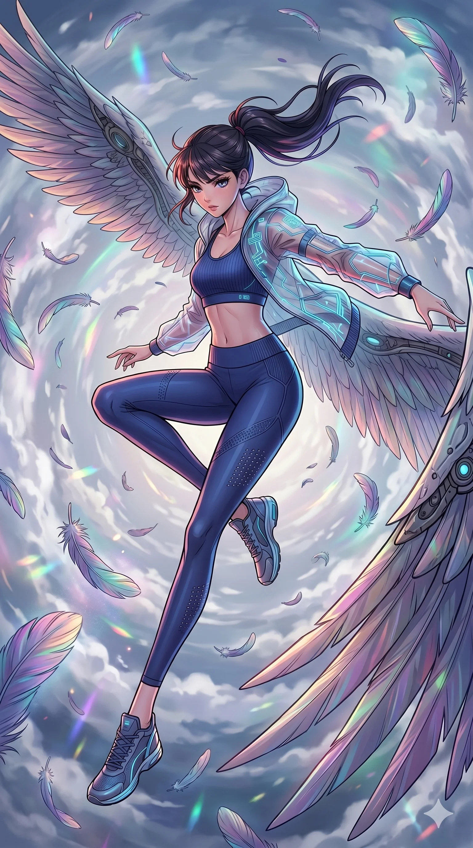 score_9, masterpiece, best quality, ultra-detailed, high-budget anime movie keyframe, cinematic anime lighting, intricate line art, Japanese woman. Extreme high angle shot as she leaps towards the camera, filling the frame. spinning in a storm of feathers as a giant bird wings past. She has an absolutely perfect 8-heads proportion, an exceptionally tall and slender female figure with graceful and slender proportions. strictly human anatomy, two legs only, no extra limbs, clearly defined legs and arms, perfect anatomy, perfect hands and fingers. sharp v-shaped jawline, high-bridge nose, intricate jewel-like eyes, thick eyelashes, glossy lips. Wearing Premium Athleisure: Ribbed sports bra and leggings set, light windbreaker, and sleek high-performance activewear. The scene is illuminated by dramatic atmospheric lighting and vibrant color palettes. , 2k, ultra detail, master piece, 9:16 ratio