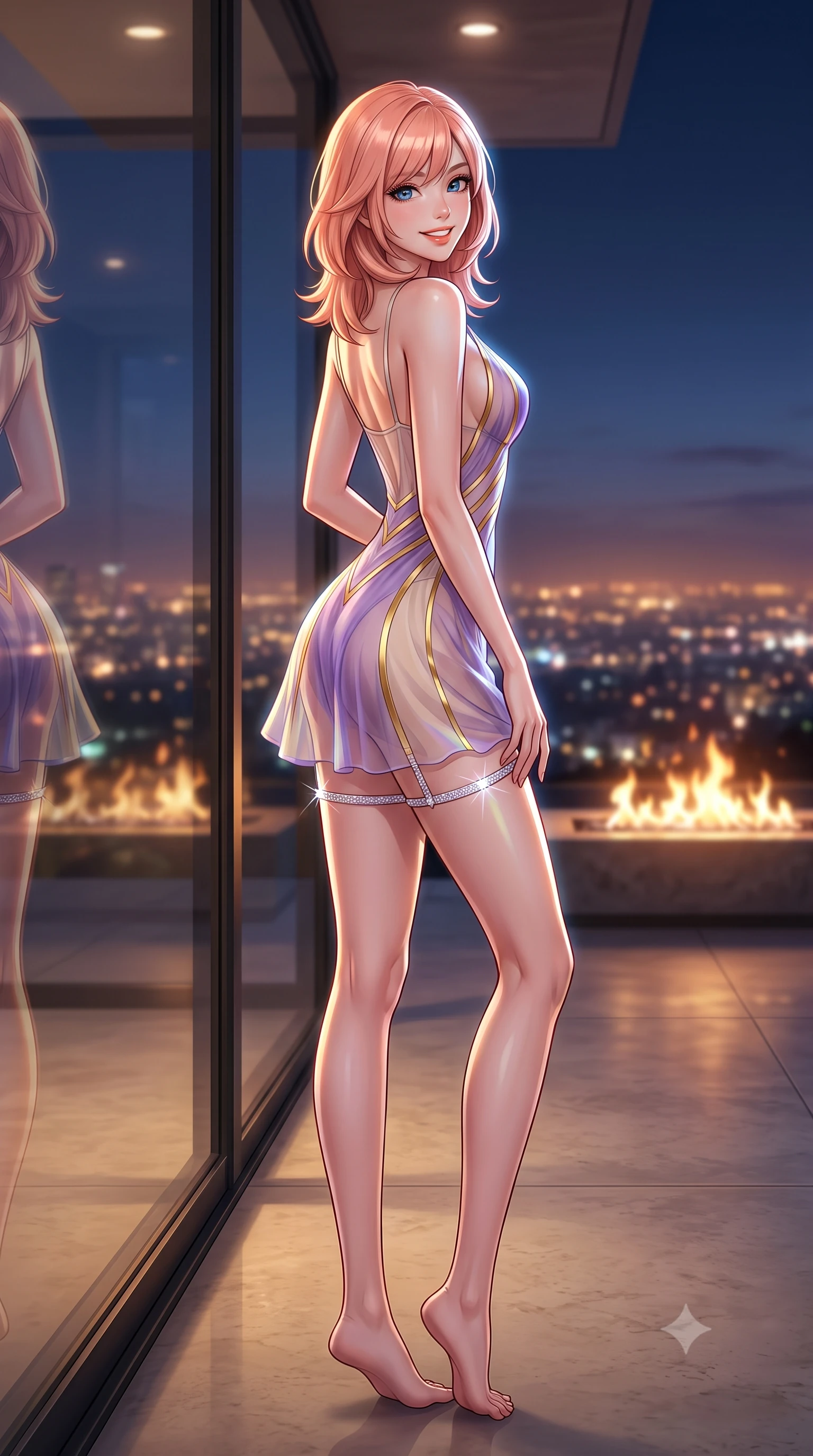 score_9, masterpiece, best quality, ultra-detailed, high-budget anime keyframe, semi-realistic 3D game render, editorial fashion photography, tasteful artistic composition, Japanese woman. low angle full-body shot from head to toe showing her feet, filling the entire 9:16 vertical frame with her statuesque presence, stretching her vertical silhouette. posing in a classic haute-couture S-curve stance beside the floor-to-ceiling window, looking over a bare shoulder with magnetic presence while twisting her slender torso in an alluring S-curve on the polished limestone deck, city glow casting prismatic highlights across her flat midriff. The background shows a soft-focus linear deck fire pit flames softened in billionaire hillside mansion shallow focus. She has an exceptionally tall and slender model-like 8.5-heads proportion, an ultra-slim waist, a flat toned midriff, narrow delicate ribcage, and beautifully sculpted feminine hips creating a graceful, slim hourglass silhouette without any bulky heaviness, with impossibly long slender legs. sharp v-shaped jawline, high-bridge nose, intricate jewel-like sparkling eyes with depth, thick eyelashes, glossy parted lips with a natural peach sheen, bright cheerful beaming smile with an enchanting and coquettish sensual glint, exuding both youthful cute charm and seductive allure, flawlessly proportioned anatomical accuracy, strict slender model proportions, natural body alignment, perfectly sculpted long slender limbs, ultra-slim waistline, clean dynamic posture without body distortion. wearing a plunge-front sheer illusion tulle slip dress with liquid gold ribbon stripes hugging her curves in Luberon lavender purple and Provençal limestone cream, made of sheer gossamer chiffon that drapes softly against skin with airy translucence, finished with delicate crystal-encrusted thigh garter straps glinting in the dim light, the second-skin tailored fabric adhering flawlessly to her sculpted flat midriff and slender torso, emphasizing her long leg lines and perfectly proportioned willowy build. illuminated by city glow upward fill and sharp platinum rim lights sculpting her features, flat midriff, and curvaceous hips. highly saturated vibrant anime colors, detailed shading with soft gradients, rich glossy textures, high-contrast stereoscopic depth, volumetric dynamic lighting, master piece, 9:16 ratio