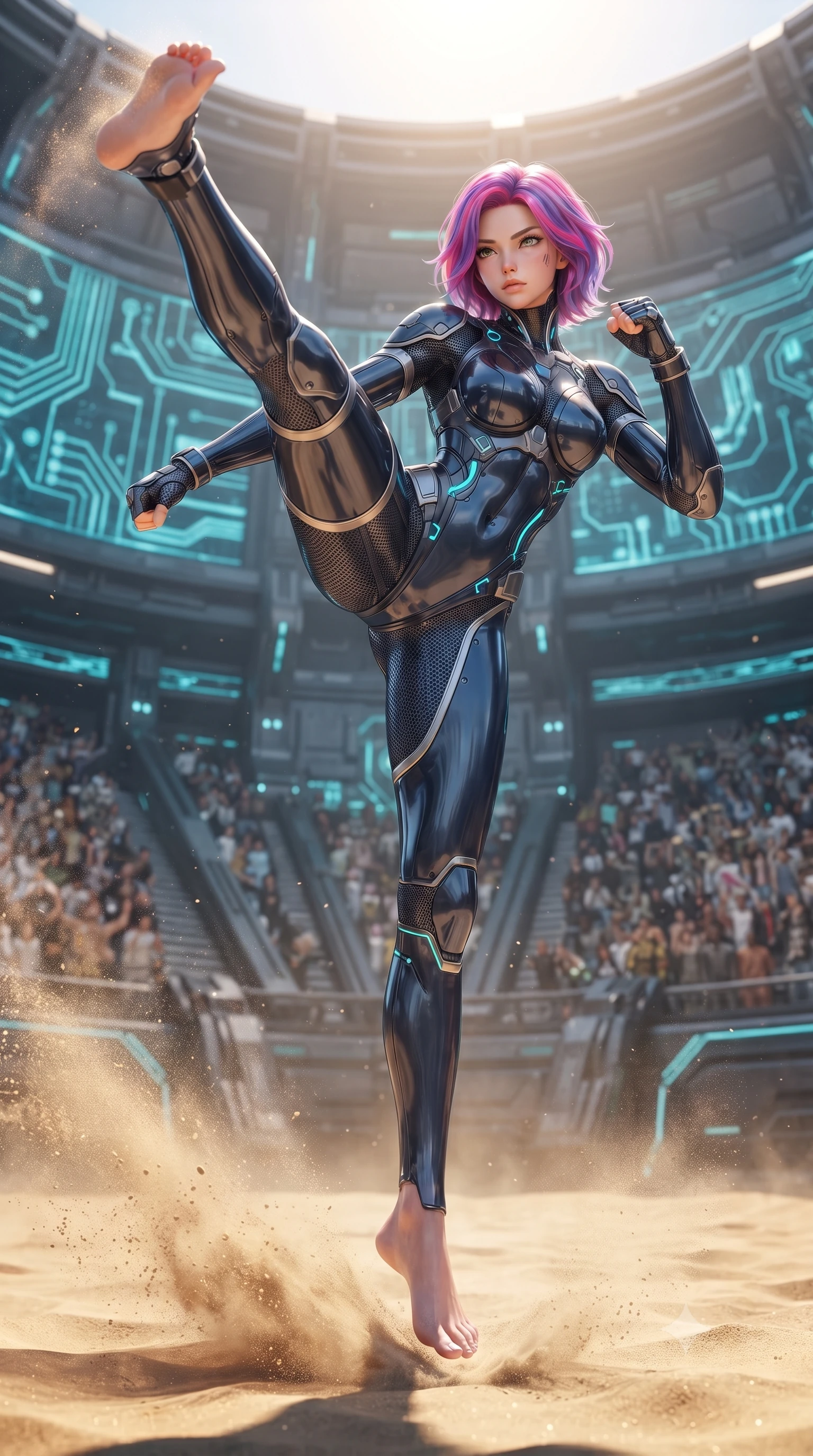 score_9, masterpiece, best quality, ultra-detailed, high-budget anime keyframe, editorial fashion photography, tasteful artistic composition, Caucasian woman. low angle full-body shot from head to toe showing her feet, filling the entire 9:16 vertical frame with her statuesque presence, stretching her vertical silhouette. executing a breathtaking zero-gravity high-kick with full 180-degree vertical extension, her impossibly long slender legs dominating the frame with razor-sharp poise while executing a vertical 180-degree mid-air spinning axe kick in a vast cybernetic colosseum arena as sand swirls beneath her feet. The surrounding environment is rendered in vivid detail and crisp panoramic clarity. sharp sand ripple textures, distinct shockwave dust crests, and carbon armor joint mesh in deep focus. She has an absolutely perfect, statuesque 8.5-heads proportion, an exceptionally tall and slender model-like female figure with impossibly long slender legs, a toned flat midriff, and an ultra-slim waist. sharp v-shaped jawline, high-bridge nose, intricate jewel-like eyes with depth, thick eyelashes, glossy lips with a natural sheen, flawlessly proportioned anatomical accuracy, strict slender model proportions, natural body alignment, perfectly sculpted long slender limbs, ultra-slim waistline, clean dynamic posture without body distortion. wearing a statuesque midnight cobalt carbon-fiber battle-suit with platinum trim, reinforced kinetic palm plates, and an ultra-slim waistline in matte obsidian carbon black with electric cyan conduits, made of liquid carbon-jersey fabric adhering flawlessly to her sculpted silhouette, reinforced by a sleek titanium kinetic harness and glowing micro-energy straps, the sleek second-skin cut tightly hugging her graceful clavicle, narrow waist, and feminine curves with athletic precision. bathed in brilliant midday desert sunshine and warm golden sand surface reflections. ultra-reflective glossy finish, specular highlights, dark metallic sheen, high-contrast stereoscopic depth, volumetric dynamic lighting, 2k, ultra detail, master piece, 9:16 ratio