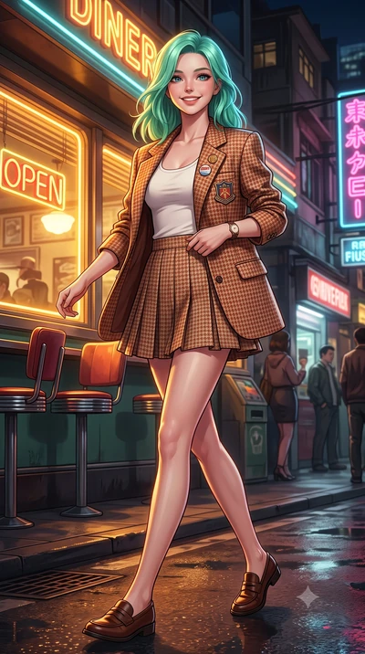 score_9, masterpiece, best quality, ultra-detailed, high-budget anime keyframe, semi-realistic 3D game render, editorial fashion photography, tasteful artistic composition, Japanese woman. low angle full-body shot from head to toe showing her feet, f