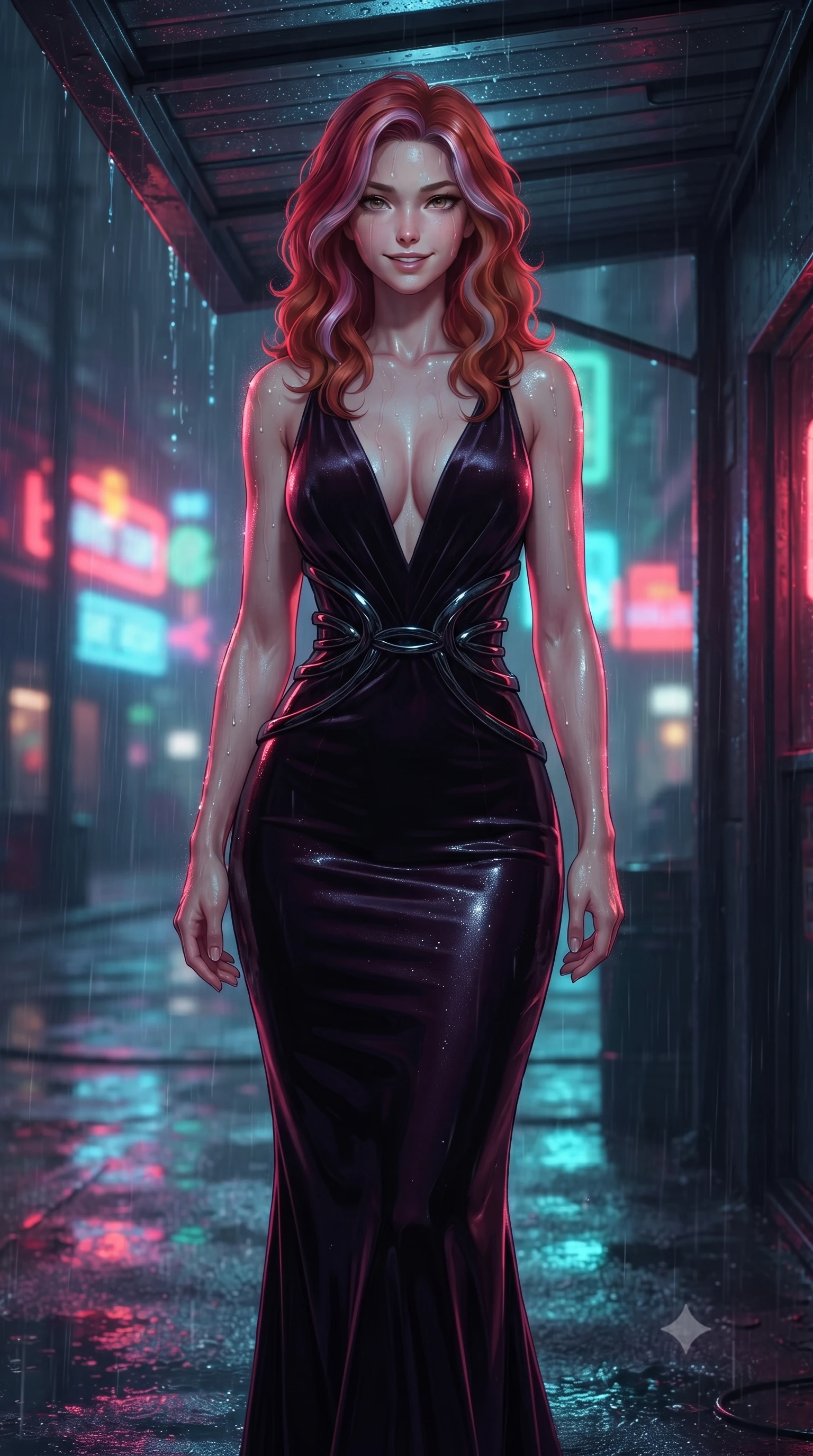 score_9, masterpiece, best quality, ultra-detailed, high-budget anime keyframe, editorial fashion photography, tasteful artistic composition, Caucasian woman. close-up cowboy shot from the waist and thighs up, the character dominates the composition, filling the frame with her large presence, background elements kept in soft focus. Smiling with quiet, magnetic self-assurance directly into the camera, poised beneath a dark metallic awning as rain cascades into neon-lit puddles, wet skin and glossy textures sparkling under sharp neon specular highlights. She has an exceptionally elegant, slender, and willowy female figure with an ultra-slim waist, a gracefully sculpted slender torso, and a refined silhouette. sharp v-shaped jawline, high-bridge nose, intricate jewel-like eyes with depth, thick eyelashes, glossy lips with a natural sheen. wearing sculpted form-fitting dark velvet column gown in pitch black in dark plum violet, made of soft dark satin, accented with sculpted obsidian chrome rings at the waist, accentuating her gracefully sculpted slender torso. illuminated by dark crimson and cyan neon rim lighting against wet black asphalt. highly saturated vibrant anime colors, detailed shading with soft gradients, rich glossy textures, high-contrast stereoscopic depth, volumetric dynamic lighting, master piece, 9:16 ratio