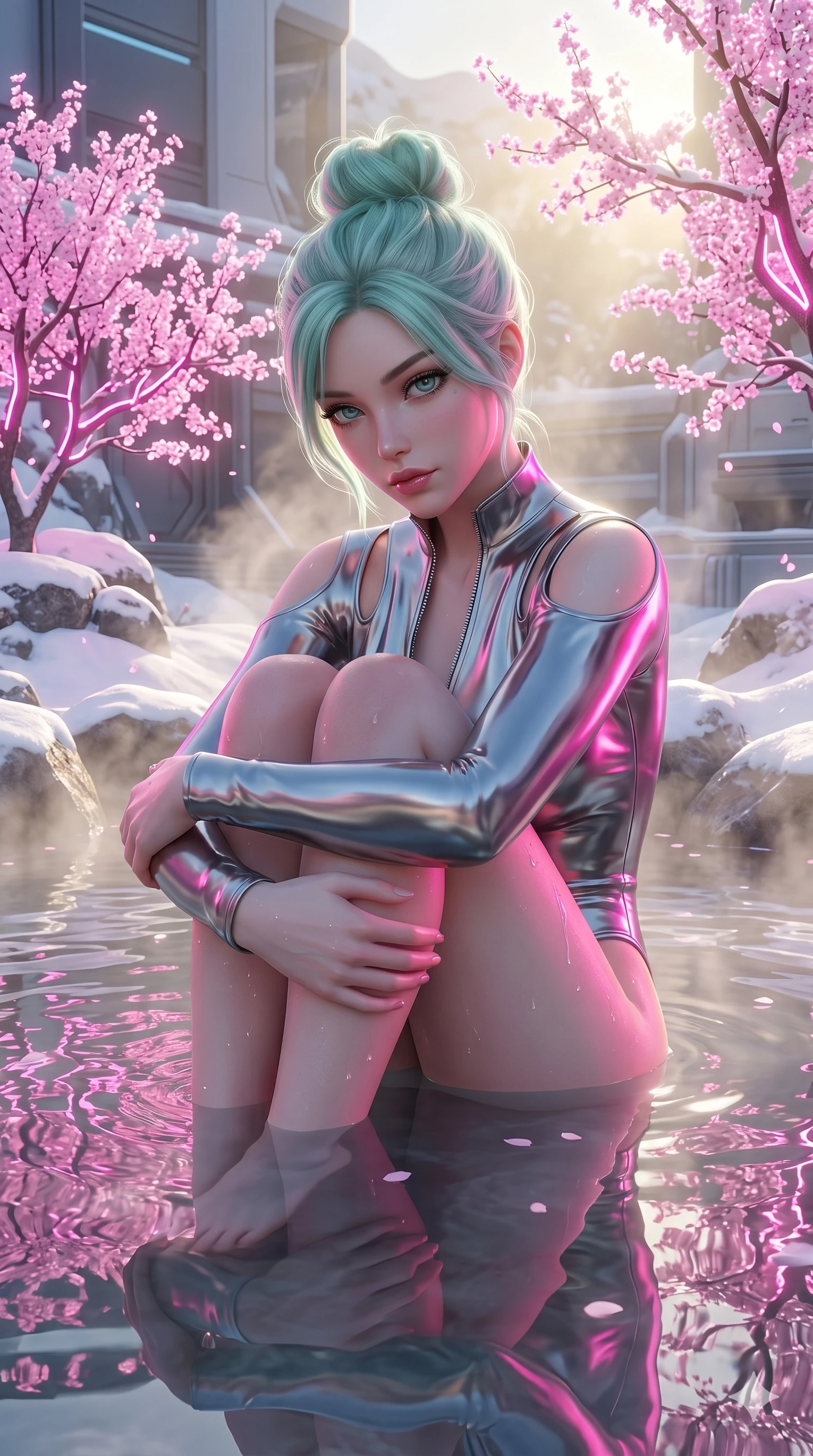 score_9, masterpiece, best quality, ultra-detailed, high-budget anime keyframe, semi-realistic 3D game render, Japanese woman. Upper body close-up from the thighs up, character filling the screen for maximum presence. She is relaxing in a futuristic geothermal hot spring surrounded by snow and neon cherry trees. She wraps her arms around her knees, looking over her shoulder with bedroom eyes. She has an absolutely perfect 8-heads proportion, an exceptionally tall and slender female figure with impossibly long slender legs and an ultra-slim waist. V-shaped jawline, high-bridge nose, intricate jewel-like eyes with depth, thick eyelashes, glossy lips with a natural sheen. She is wearing a form-fitting top made of molten liquid-mercury fabric that clings to her curves, with strategic tear-drop shoulder cutouts and a dangerously unzipped front collar. The scene is bathed in soft morning sun filtering through dense steam and a sharp pink neon key light. 2k, ultra detail, master piece, 9:16 ratio
