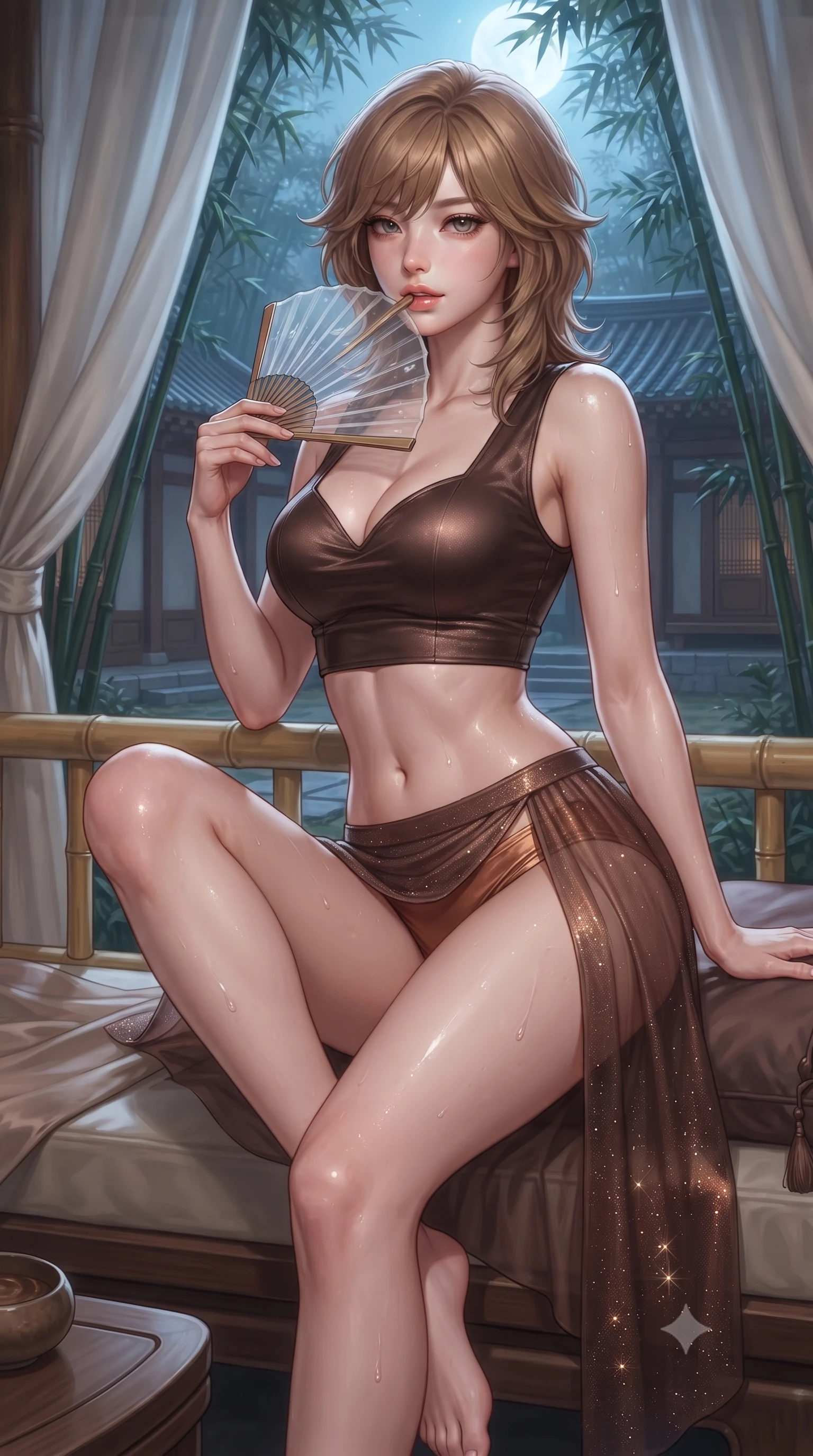 score_9, masterpiece, best quality, ultra-detailed, high-budget anime keyframe, editorial fashion photography, tasteful artistic composition, Korean woman. close-up cowboy shot from the waist and thighs up, the character dominates the composition, filling the frame with her large presence. perched sideways on the lounge seat, one knee drawn up to showcase her slender leg line while her arched back accentuates her feminine hip curve while leaning back against the smooth bamboo balustrade with relaxed allure, casting an intoxicating, heavy-lidded bedroom-gaze toward the camera. The surrounding environment is rendered in vivid detail and crisp panoramic clarity: detailed silk satin fabric drape, dewy moisture on skin, and serene courtyard architecture in high resolution. She has an exceptionally elegant, slender, and willowy female figure with an ultra-slim waist, flat toned midriff, narrow ribcage, and sculpted feminine hips creating an alluring, slim hourglass silhouette without bulk. sharp v-shaped jawline, high-bridge nose, sparkling eyes with hypnotic seductive depth, thick curled eyelashes, glossy parted lips with a natural dewy peach sheen, alluring bedroom-eyes with an enchanting coquettish smile, exuding magnetic siren charisma and sophisticated glamour, flawlessly proportioned anatomical accuracy, strict slender model proportions, natural body alignment, perfectly sculpted long slender limbs, ultra-slim waistline, clean dynamic posture without body distortion. wearing a plunging sweetheart-neckline silk jeogori crop top paired with an ultra-high-slit translucent chima wrap skirt and satin briefs in sultry espresso bronze and metallic copper, woven from stretch metallic lurex jersey casting radiant starlight glints across her silhouette, finished with a transparent silk folding fan held gracefully near her glossy parted lips, the form-contouring silhouette accentuating her sculpted flat midriff, narrow delicate ribcage, and gracefully curvy hips with intoxicating allure. bathed in cool moonlight filtering delicately through the dense bamboo canopy. ultra-reflective glossy finish, specular highlights, rich textural contrasts, high-contrast stereoscopic depth, volumetric dynamic lighting, 2k, ultra detail, master piece, 9:16 ratio