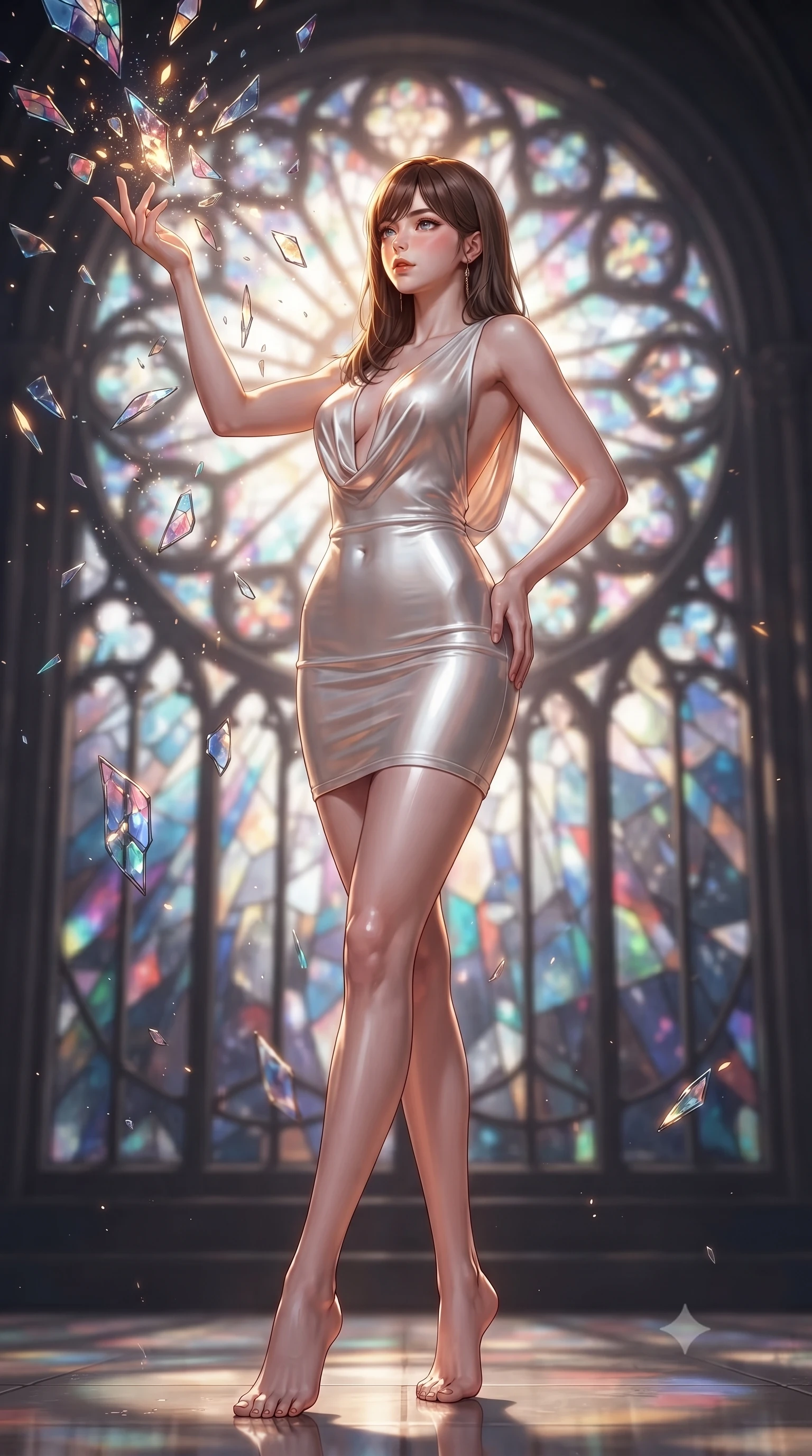 score_9, masterpiece, best quality, ultra-detailed, high-budget anime keyframe, editorial fashion photography, tasteful artistic composition, Korean woman. low angle full-body shot from head to toe showing her feet, filling the entire 9:16 vertical frame with her statuesque presence, stretching her vertical silhouette. interacting gracefully with the magical floating elements while maintaining a confident posture standing before a monumental Art Nouveau stained glass rose window, shattered glass shards catching bright specular highlights in mid-air. She has an absolutely perfect, statuesque 8.5-heads proportion, an exceptionally tall and slender model-like female figure with impossibly long slender legs and an ultra-slim waist. sharp v-shaped jawline, high-bridge nose, intricate jewel-like eyes with depth, thick eyelashes, glossy lips with a natural sheen. wearing a precision-fitted liquid jersey bodycon dress with a draped back in pearl white and rose gold, formed from sleek second-skin neoprene, accented with a Tasteful chest slit framing her clavicle gracefully, the form-contouring material highlighting her ultra-slim waist and long lines. illuminated by a warm golden key light and brilliant multi-color rim light. ultra-reflective glossy finish, specular highlights, metallic sheen, high-contrast stereoscopic depth, volumetric dynamic lighting, 2k, ultra detail, master piece, 9:16 ratio