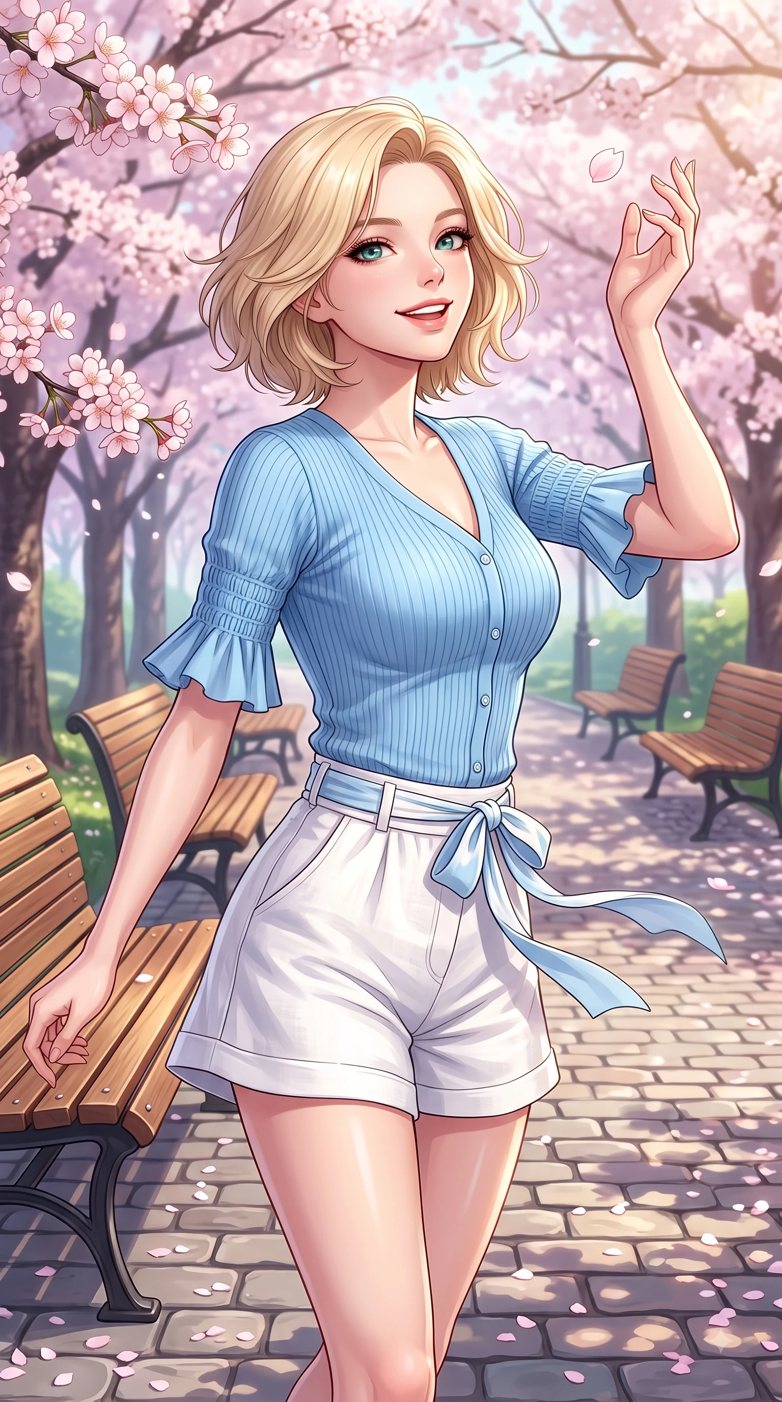 score_9, masterpiece, best quality, ultra-detailed, high-budget anime keyframe, editorial fashion photography, tasteful artistic composition, Caucasian woman. close-up cowboy shot from the waist and thighs up, the character dominates the composition, filling the frame with her large presence. Gazing directly into the camera with a fresh, infectious smile as her torso curves dynamically in mid-stride while reaching her hand up playfully to catch a floating blossom petal with a joyful expression. The surrounding environment is rendered in vivid detail and crisp panoramic clarity. delicate cherry blossom petal clusters, wooden park benches, and historic hill paths in crisp detail. She has an exceptionally elegant, slender, and willowy female figure with an ultra-slim waist, a gracefully sculpted slender torso, and a refined silhouette. sharp v-shaped jawline, high-bridge nose, intricate jewel-like eyes with depth, thick eyelashes, glossy lips with a natural sheen, flawlessly proportioned anatomical accuracy, natural body alignment, perfectly sculpted elegant limbs, clean dynamic posture without body distortion. wearing a sky-blue ribbed short-sleeve cardigan with high-waist linen shorts and a dainty waist sash in baby blue and cloud white, crafted from soft breathable linen, accented with soft smocked details and fluttery cuffs, the breezy lightweight fabric fluttering softly against her delicate frame. surrounded by a fresh, sweet, and nostalgic spring park atmosphere. highly saturated vibrant anime colors, detailed shading with soft gradients, rich glossy textures, high-contrast stereoscopic depth, volumetric dynamic lighting, master piece, 9:16 ratio
