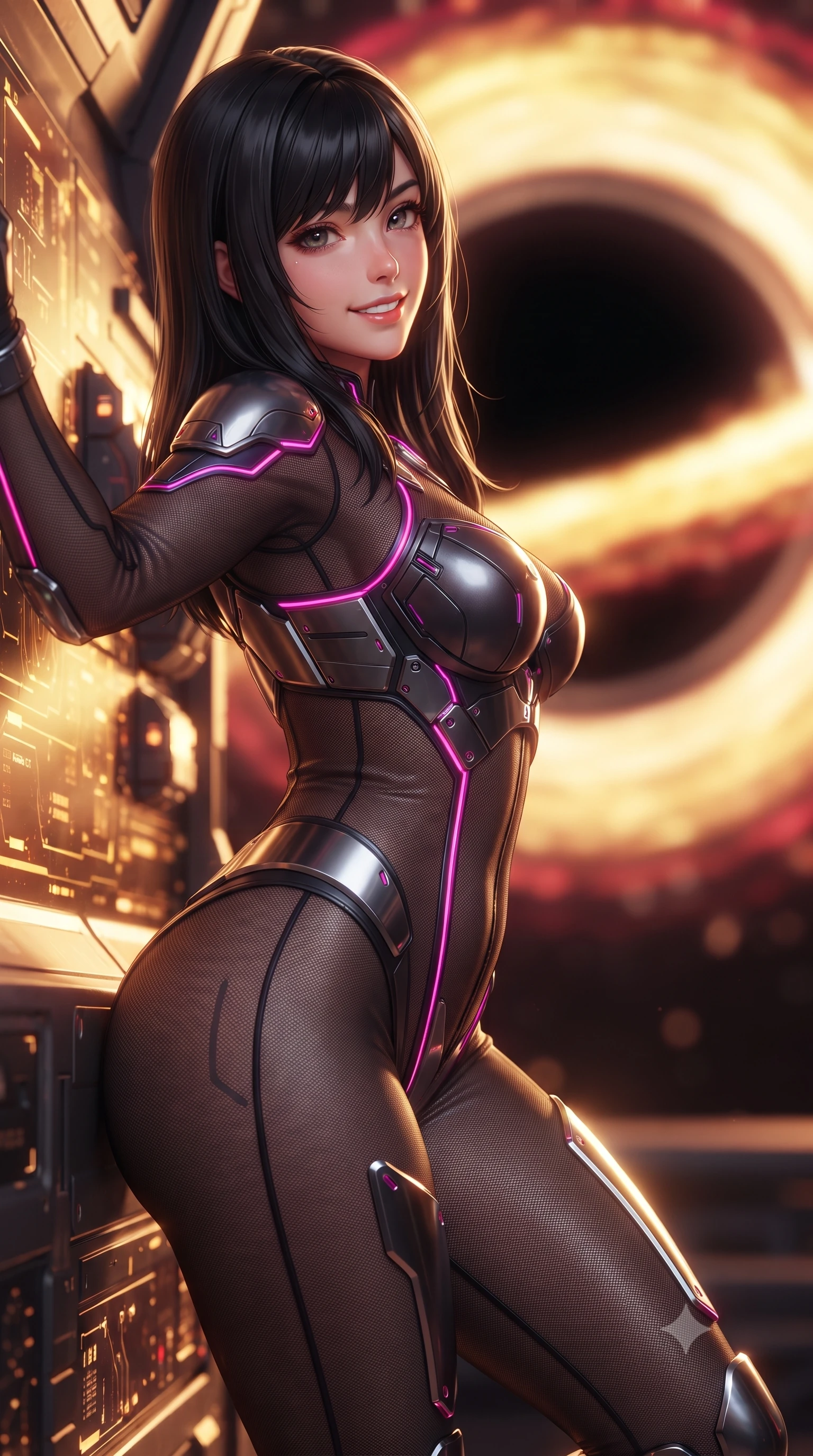 score_9, masterpiece, best quality, ultra-detailed, high-budget anime keyframe, editorial fashion photography, tasteful artistic composition, Caucasian woman. close-up cowboy shot from the waist and thighs up, the character dominates the composition, filling the frame with her large presence. leaning back against the glowing maintenance bulkhead with relaxed seductive grace, her flat midriff and narrow waist highlighted as laser ambient light traces her curves while leaning against the gravity-stabilizer pedestal with hips cocked back, looking back over a bare shoulder with fearless, intoxicating bedroom-eyes. The background shows a soft-focus the blinding golden and crimson swirling accretion disk around the pitch-black event horizon blurred into incandescent gold, ruby, and void bokeh. She has an exceptionally elegant, slender, and willowy female figure with an ultra-slim waist, flat toned midriff, narrow ribcage, and sculpted feminine hips creating an alluring, slim hourglass silhouette without bulk. sharp v-shaped jawline, high-bridge nose, intricate jewel-like sparkling eyes with depth, thick eyelashes, glossy parted lips with a natural sheen, bright confident smile with an enchanting and coquettish sensual glint, exuding both youthful magnetic charm and sovereign high-tech allure, flawlessly proportioned anatomical accuracy, strict slender model proportions, natural body alignment, perfectly sculpted long slender limbs, ultra-slim waistline, clean dynamic posture without body distortion. wearing a semi-translucent smoke-black mesh tactical catsuit with reinforced carbon-fiber bustier plating in deep titanium gunmetal and radiant magenta neon, formed from supple thermal silicone composite adhering seamlessly like a second skin, accented with strategically placed chrome armor plate guards covering key curves, the form-fitting tactical tailoring adhering flawlessly to her sculpted flat midriff and slender torso, emphasizing her long leg lines and perfectly proportioned willowy build. bathed in intense, blazing golden and crimson relativistic light streaming from the accretion disk. ultra-reflective glossy finish, specular highlights, rich textural contrasts, high-contrast stereoscopic depth, volumetric dynamic lighting, 2k, ultra detail, master piece, 9:16 ratio