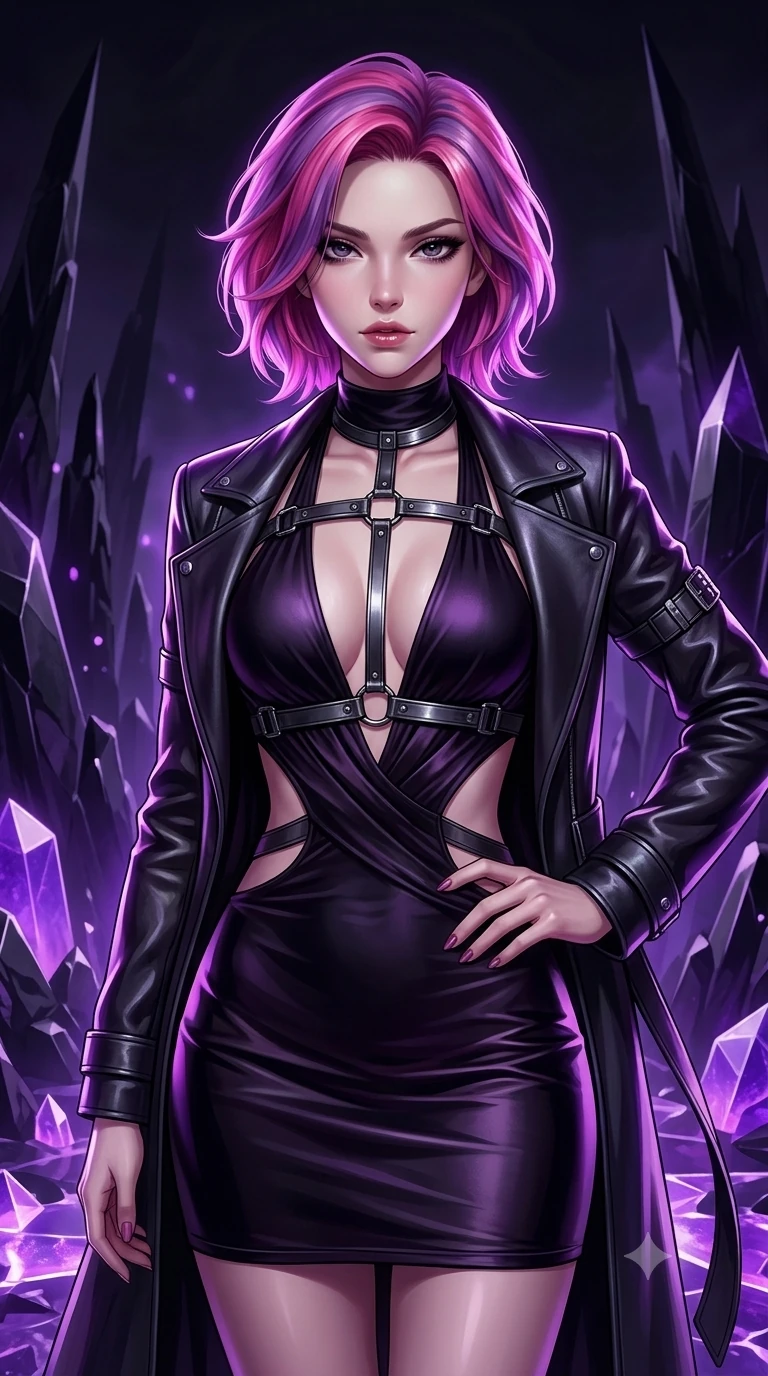 score_9, masterpiece, best quality, ultra-detailed, high-budget anime keyframe, semi-realistic 3D game render, editorial fashion photography, tasteful artistic composition, Caucasian woman. close-up cowboy shot from the waist and thighs up, the character dominates the composition, filling the frame with her large presence. holding a confident power pose with one hand on her hip, looking into the lens with smoldering intensity while twisting her slender torso in an alluring S-curve between jagged obsidian spires, purple bioluminescence illuminating her flat midriff and hips. The surrounding environment is rendered in vivid detail and crisp panoramic clarity: detailed structured dark leather coat drape, titanium buckle clasps, and geometric mineral formations in razor-sharp precision. She has an exceptionally elegant, slender, and willowy female figure with an ultra-slim waist, flat toned midriff, narrow ribcage, and sculpted feminine hips creating an alluring, slim hourglass silhouette without bulk. sharp v-shaped jawline, high-bridge nose, intricate jewel-like dark sparkling eyes with hypnotic seductive depth, thick curled eyelashes, glossy parted lips with a natural wine sheen, alluring bedroom-eyes with an enigmatic smoldering smile, exuding magnetic sovereign charisma and dark avant-garde glamour, flawlessly proportioned anatomical accuracy, strict slender model proportions, natural body alignment, perfectly sculpted long slender limbs, ultra-slim waistline, clean dynamic posture without body distortion. wearing a slinky deep-V liquid dark jersey cocktail dress with waist cutout accentuating her curves in obsidian black and dark plum violet, tailored from smooth liquid silk satin that clings smoothly to her narrow waist and rounded hips with a dewy sheen, highlighted by a gunmetal metallic harness structure, the bespoke structured tailoring following the natural line of her 8.5-heads silhouette with refined elegance. illuminated by crystalline floor bounce and sharp amethyst-violet rim lights defining her razor-sharp jawline, narrow waist, and curvy hips. highly saturated vibrant anime colors, detailed shading with soft gradients, rich glossy textures, high-contrast stereoscopic depth, volumetric dynamic lighting, master piece, 9:16 ratio