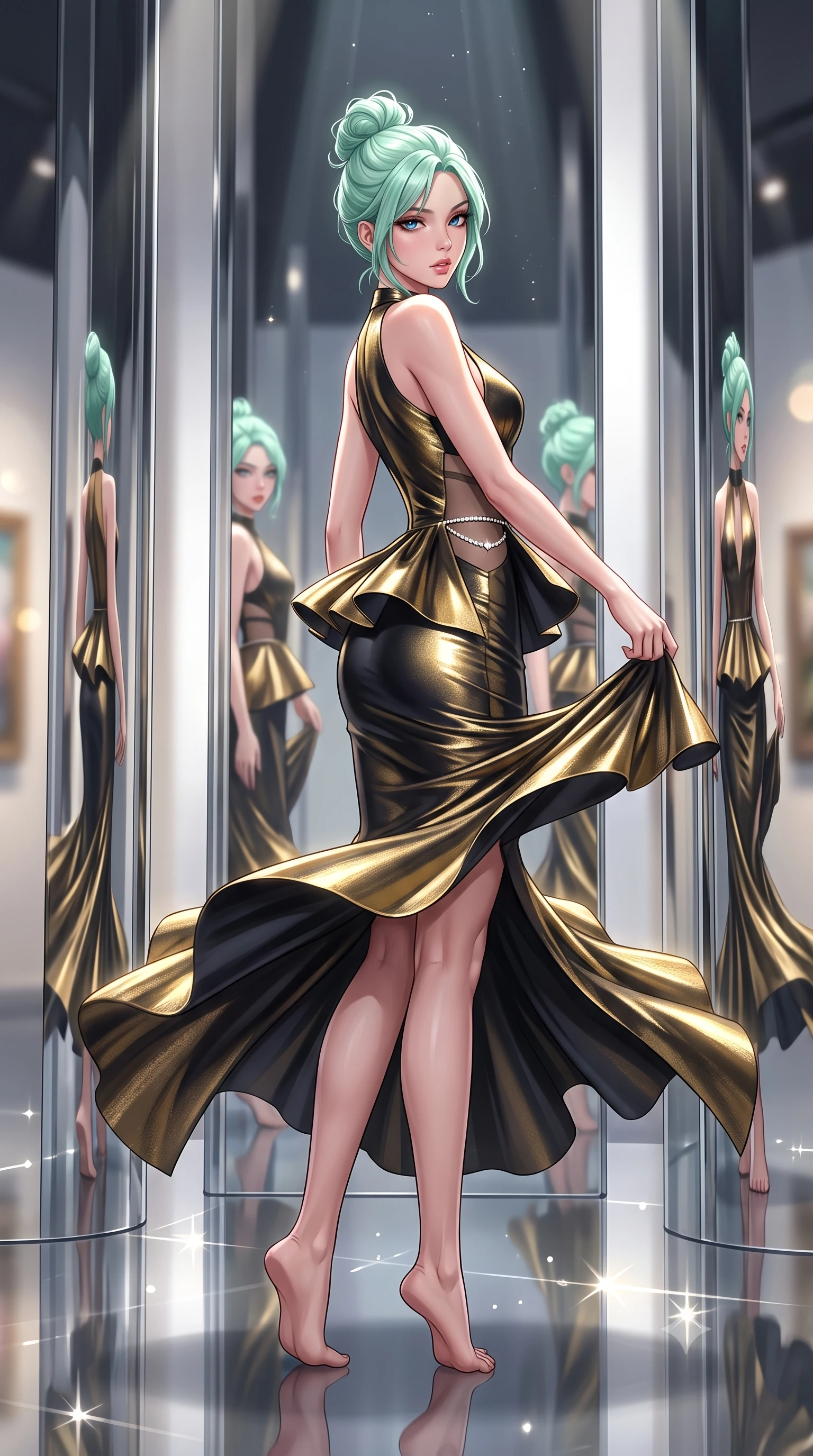 score_9, masterpiece, best quality, ultra-detailed, high-budget anime keyframe, semi-realistic 3D game render, editorial fashion photography, tasteful artistic composition, Japanese woman. low angle full-body shot from head to toe showing her feet, filling the entire 9:16 vertical frame with her statuesque presence, stretching her vertical silhouette. executing an elegant mid-motion pivot turn as garments swirl around her slender limbs, glancing over her shoulder with an intoxicating bedroom-gaze while standing poised between mirror-finished stainless steel columns, her graceful hourglass silhouette multiplied into infinite reflections. The composition keeps background elements in soft focus with creamy bokeh. gallery pin-spotlight beams and reflective floor highlights scattering sleek directional light motes. She has an exceptionally tall and slender model-like 8.5-heads proportion, an ultra-slim waist, a flat toned midriff, narrow delicate ribcage, and beautifully sculpted feminine hips creating a graceful, slim hourglass silhouette without any bulky heaviness, with impossibly long slender legs. sharp v-shaped jawline, high-bridge nose, intricate jewel-like eyes with depth, thick eyelashes, glossy parted lips with a natural sheen, intensely captivating and seductive bedroom-eyes expression, flawlessly proportioned anatomical accuracy, strict slender model proportions, natural body alignment, perfectly sculpted long slender limbs, ultra-slim waistline, clean dynamic posture without body distortion. wearing a structural geometric peplum gown with sheer side-ribbon cutouts and form-fitting skirt in midnight obsidian black and liquid gold, crafted from luxurious metallic lamé that shifts radiance with every step, accented with a dainty diamond waist chain catching the ambient light reflections, the liquid-tight tailored fabric clinging flawlessly to her narrow waist and rounded feminine hips, emphasizing every millimeter of her sculpted slim hourglass curves without any bulky heaviness. surrounded by a sophisticated, avant-garde, and dangerously seductive art-world muse aura. highly saturated vibrant anime colors, detailed shading with soft gradients, rich glossy textures, high-contrast stereoscopic depth, volumetric dynamic lighting, master piece, 9:16 ratio