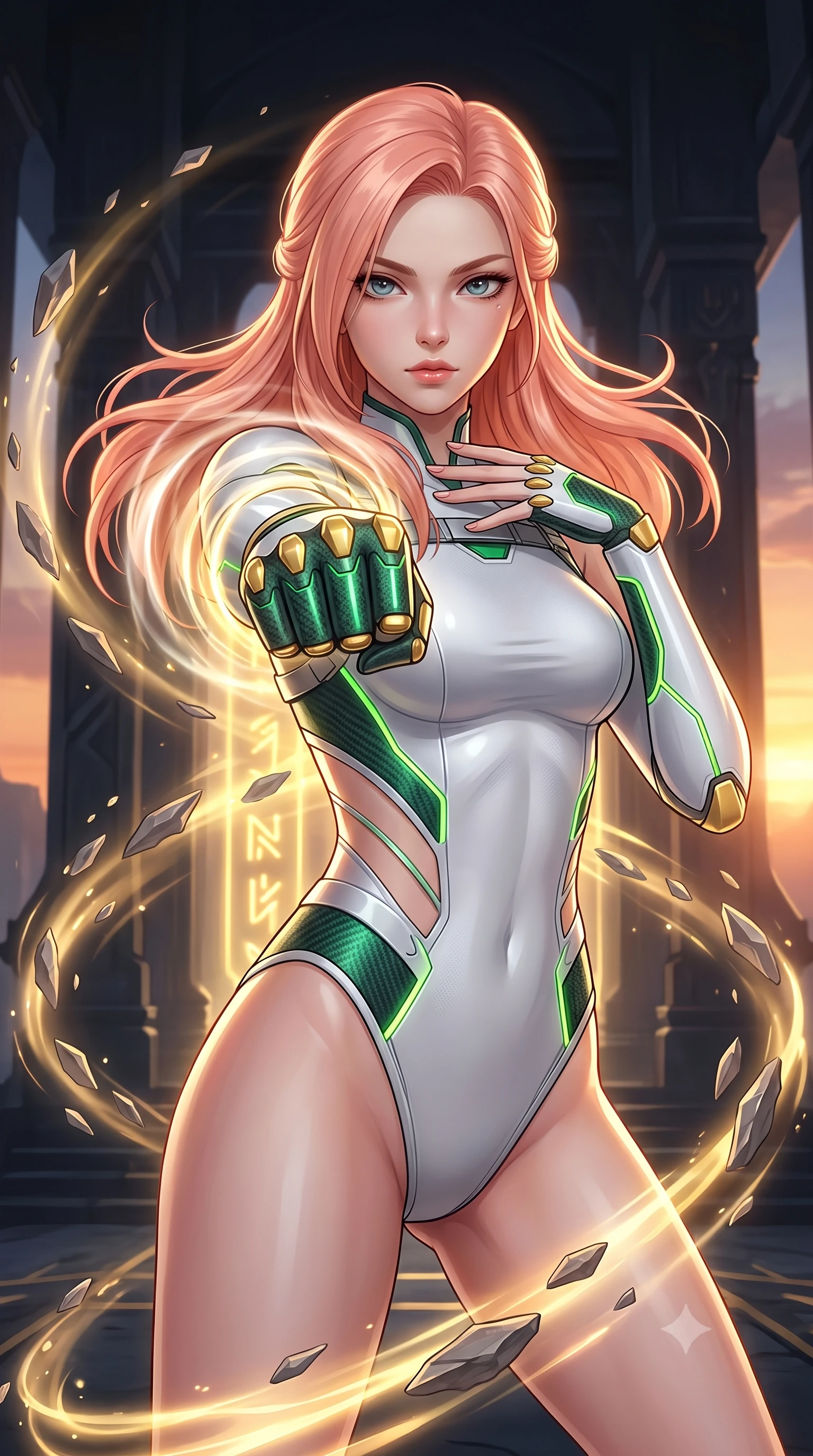 score_9, masterpiece, best quality, ultra-detailed, high-budget anime keyframe, semi-realistic 3D game render, editorial fashion photography, tasteful artistic composition, Japanese woman. close-up cowboy shot from the waist and thighs up, the character dominates the composition, filling the frame with her large presence. thrusting a high-speed kinetic punch toward the camera, a visible conical shockwave distortion wrapping around her sleek carbon forearm while resting one hand near her clavicle with calm sovereign poise as floating stone shards align around her slender silhouette. The surrounding environment is rendered in vivid detail and crisp panoramic clarity. dramatic chiaroscuro contrast between glowing golden energy and dark mystical architecture in precision. She has an exceptionally elegant, slender, and willowy female figure with an ultra-slim waist, a gracefully sculpted slender torso, toned flat midriff, and a refined slim silhouette. sharp v-shaped jawline, high-bridge nose, intricate jewel-like eyes with depth, thick eyelashes, glossy lips with a natural sheen, flawlessly proportioned anatomical accuracy, strict slender model proportions, natural body alignment, perfectly sculpted long slender limbs, ultra-slim waistline, clean dynamic posture without body distortion. wearing a form-contouring arctic white carbon-composite martial arts leotard with solar gold articulation joints and diagonal midriff vents in emerald green carbon composite with glowing lime laser channels, tailored from flexible second-skin carbon-mesh that clings flawlessly to her athletic curves, reinforced by a sleek titanium kinetic harness and glowing micro-energy straps, the glove-like aerodynamic second-skin fit tightly clinging to her ultra-slender waist and athletic curves without adding bulk, accentuating her razor-sharp statuesque lines and slim hourglass silhouette. bathed in radiant golden holographic rune uplights and warm sunset horizon fill light. rich saturated anime colors with glowing neon highlights, detailed shading with soft gradients, rich glossy textures, high-contrast stereoscopic depth, volumetric dynamic lighting, master piece, 9:16 ratio