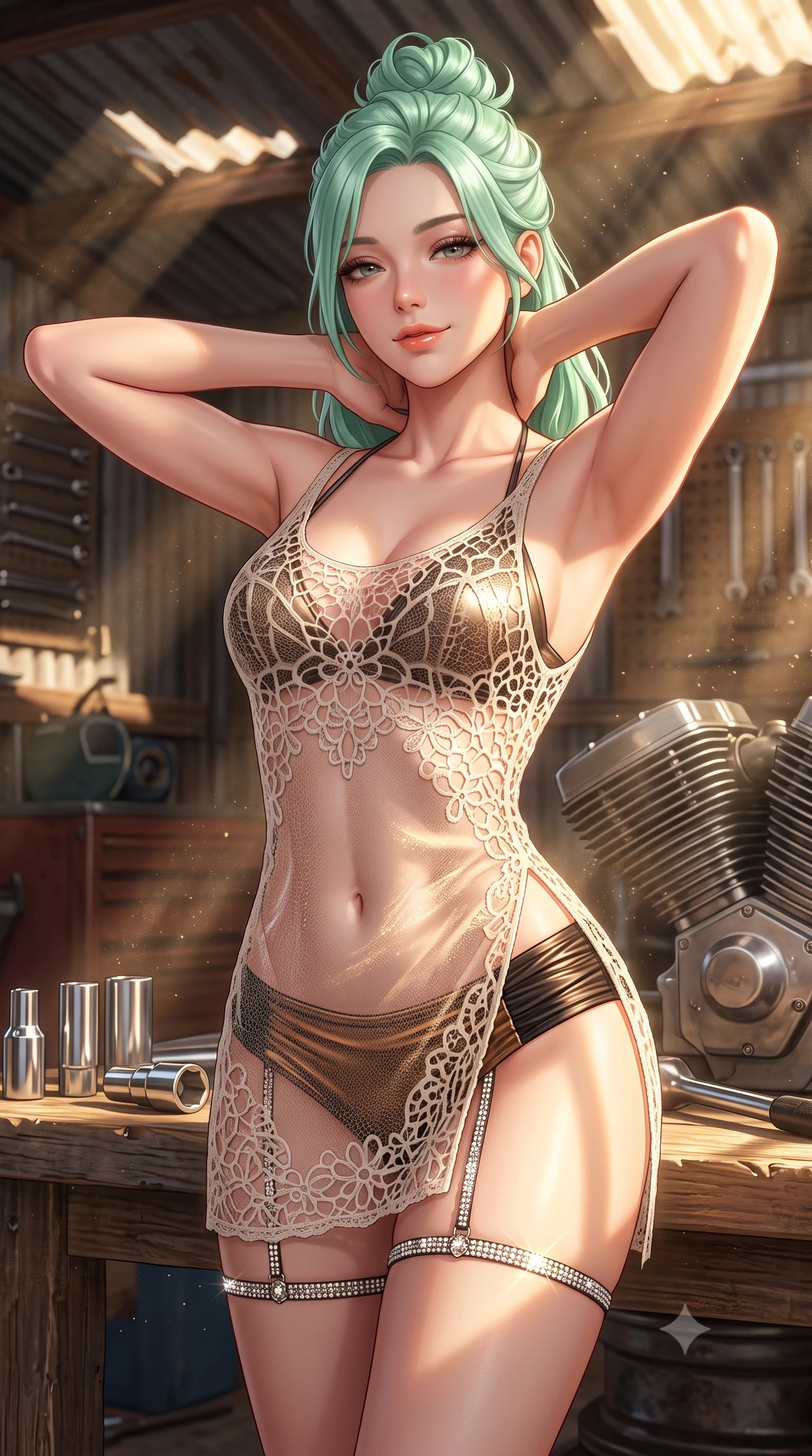 score_9, masterpiece, best quality, ultra-detailed, high-budget anime keyframe, semi-realistic 3D game render, editorial fashion photography, tasteful artistic composition, Japanese woman. close-up cowboy shot from the waist and thighs up, the character dominates the composition, filling the frame with her large presence. resting both hands lightly behind her neck with elbows raised, arching her spine to highlight her narrow waist, flat midriff, and breathtaking collarbones while twisting her slender torso in an alluring contrapposto stance, desert dust motes dancing in sunbeams across her flat midriff and hips. The surrounding environment is rendered in vivid detail and crisp panoramic clarity: sharp polished chrome socket wrench heads, engine cylinder head fins, and weathered workbench wood grain in deep focus. She has an exceptionally elegant, slender, and willowy female figure with an ultra-slim waist, flat toned midriff, narrow ribcage, and sculpted feminine hips creating an alluring, slim hourglass silhouette without bulk. sharp v-shaped jawline, high-bridge nose, sparkling eyes with hypnotic seductive depth, thick curled eyelashes, glossy parted lips with a natural dewy peach sheen, alluring bedroom-eyes with an enchanting coquettish smile, exuding magnetic siren charisma and sophisticated glamour, flawlessly proportioned anatomical accuracy, strict slender model proportions, natural body alignment, perfectly sculpted long slender limbs, ultra-slim waistline, clean dynamic posture without body distortion. wearing a delicate semi-sheer crochet knit beach slip dress worn over a metallic micro-bralette and ruched bikini briefs in metallic liquid bronze and Mojave obsidian black, made of delicate semi-sheer crochet lace with intricate openwork floral knit, finished with delicate crystal-encrusted thigh garter straps glinting in the sunlight, the high-slit wrap tailoring accentuating her ultra-slim waistline and the enchanting curve of her feminine hips with alluring seductive charm. bathed in dramatic shafts of golden afternoon sunlight cutting through corrugated roof cracks. highly saturated vibrant anime colors, detailed shading with soft gradients, rich glossy textures, high-contrast stereoscopic depth, volumetric dynamic lighting, master piece, 9:16 ratio