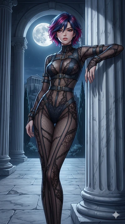 score_9, masterpiece, best quality, ultra-detailed, High-budget Anime Keyframe, East Asian woman. Low angle cowboy shot filling the entire 9:16 frame with her statuesque presence. Scenario 253: Leaning against a cold marble pillar in a moonlit greek 