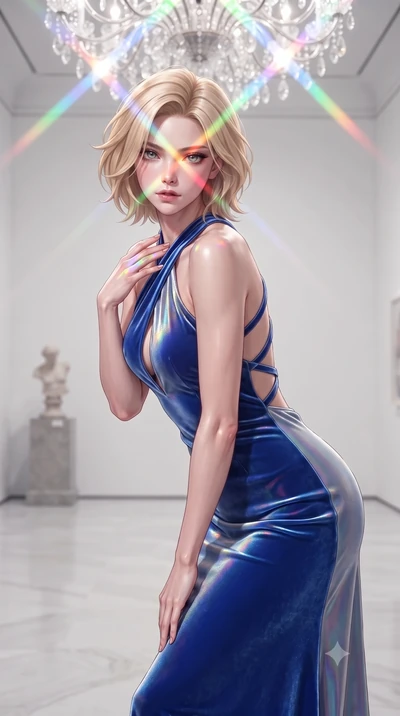 score_9, masterpiece, best quality, ultra-detailed, high-budget anime keyframe, editorial fashion photography, tasteful artistic composition, Caucasian woman. close-up cowboy shot from the waist and thighs up, the character dominates the composition,