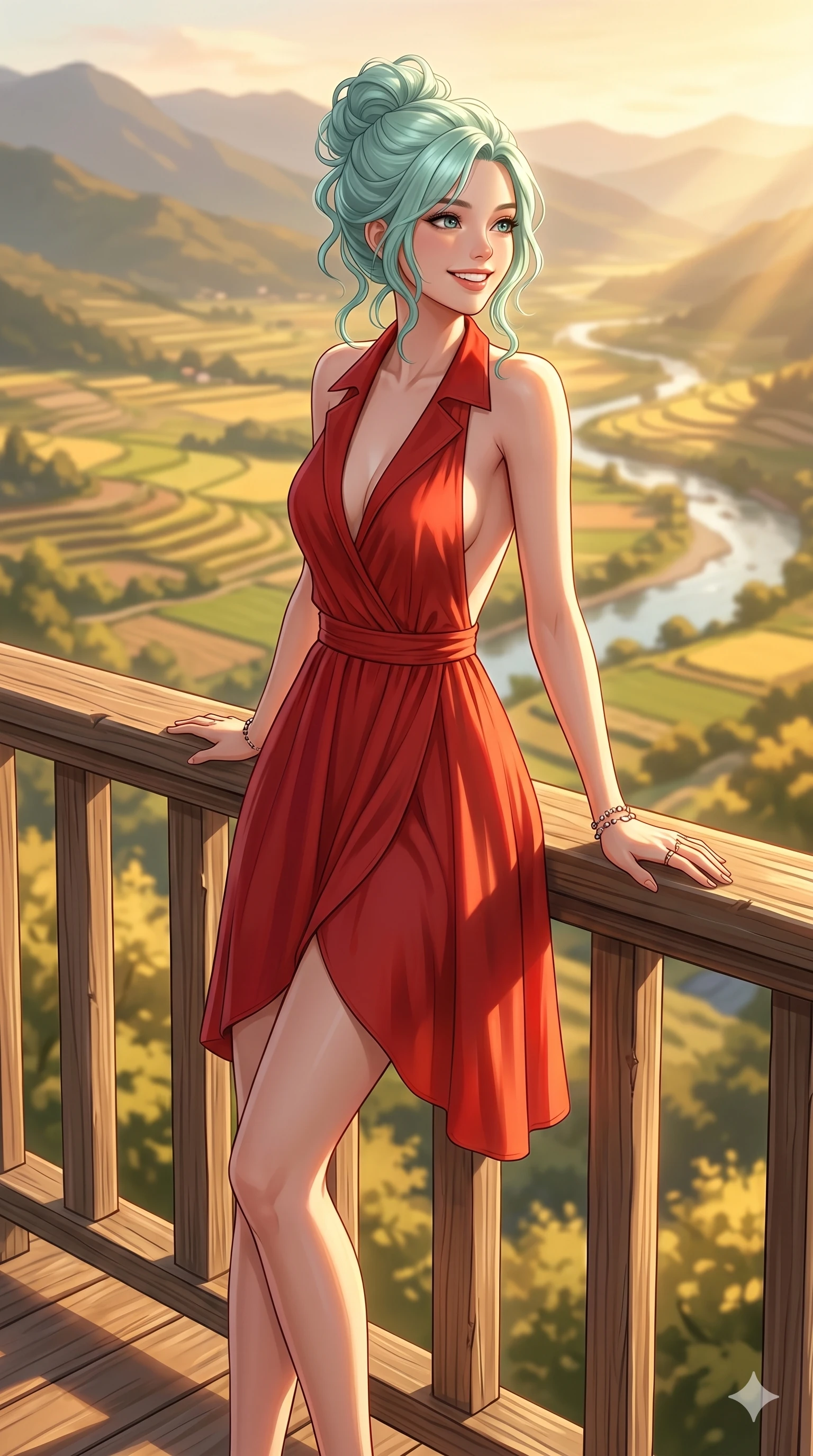 score_9, masterpiece, best quality, ultra-detailed, high-budget anime keyframe, editorial fashion photography, tasteful artistic composition, Japanese woman. cowboy shot from the thighs up, character and outfit filling the frame for maximum editorial presence. looking out at the valley with a bright, inspired smile and happy eyes leaning on a wooden railing of a veranda overlooking a sunlit valley. She has an absolutely perfect 8-heads proportion, an exceptionally tall and slender female figure with impossibly long slender legs and an ultra-slim waist. V-shaped jawline, high-bridge nose, intricate jewel-like eyes with depth, thick eyelashes, glossy lips with a natural sheen. wearing a red wrap dress with a deep plunging collar and an open-back design. drenched in brilliant afternoon sunshine casting warm rays over the valley and her figure. 2k, ultra detail, master piece, 9:16 ratio