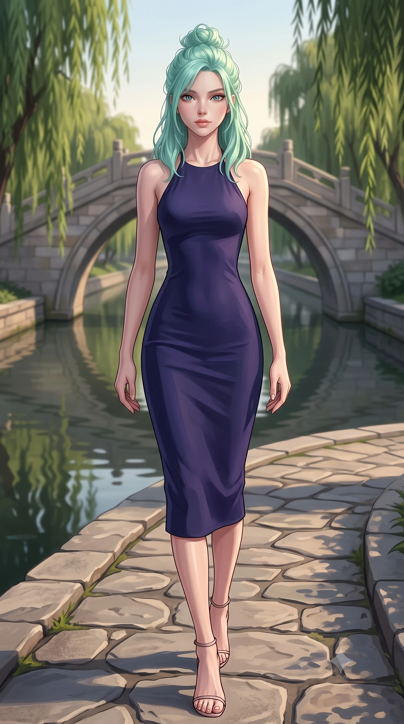 score_9, masterpiece, best quality, ultra-detailed, high-budget anime keyframe, editorial fashion photography, tasteful artistic composition, Japanese woman woman. low angle full-body shot from head to toe showing her feet, filling the entire 9:16 vertical frame with her statuesque presence, stretching her vertical silhouette. stepping gracefully across a stone path in the garden the background shows a soft-focus a classic stone arch bridge over a quiet city canal, with green weeping willows lining the banks. She has an absolutely perfect, statuesque 8.5-heads proportion, an exceptionally tall and slender model-like female figure with impossibly long slender legs and an ultra-slim waist. sharp v-shaped jawline, high-bridge nose, intricate jewel-like eyes with depth, thick eyelashes, glossy lips with a natural sheen. wearing a slim-fit backless halter midi dress in dark indigo, showing her elegant clavicle lines. late afternoon sun casting long shadows of the willows on the water. 2k, ultra detail, master piece, 9:16 ratio