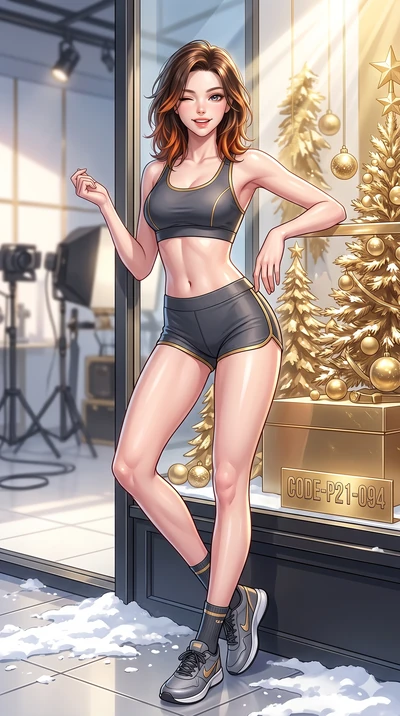 score_9, masterpiece, best quality, ultra-detailed, high-budget anime keyframe, vibrant anime aesthetic, Korean woman. cowboy shot from the thighs up, character and outfit filling the frame for maximum presence. She is leaning against a boutique wind