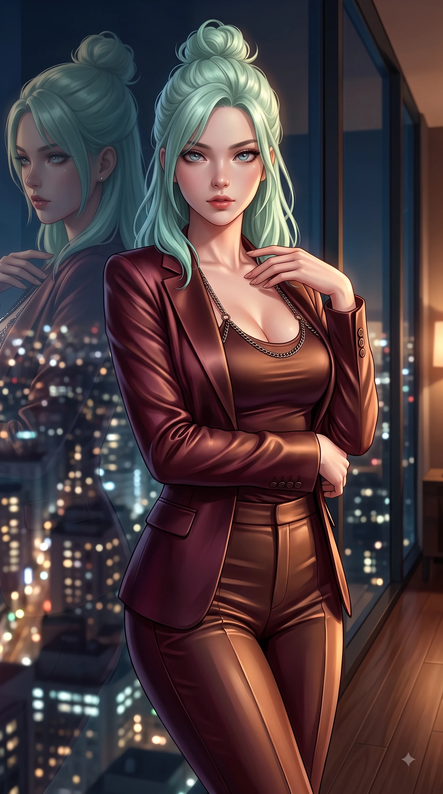 score_9, masterpiece, best quality, ultra-detailed, high-budget anime keyframe, editorial fashion photography, tasteful artistic composition, Japanese woman. close-up cowboy shot from the waist and thighs up, the character dominates the composition, filling the frame with her large presence, background elements kept in soft focus. Pivoting her torso in an alluring S-curve alignment, one hand gently tracing her collarbone with poise while leaning against a panoramic glass window at midnight, her eyes casting a smoldering, magnetic gaze, glistening city lights twinkling softly through floor-to-ceiling glass in the background. She has an exceptionally elegant, slender, and willowy female figure with an ultra-slim waist, a gracefully sculpted slender torso, and a refined silhouette. sharp v-shaped jawline, high-bridge nose, intricate jewel-like eyes with depth, thick eyelashes, glossy lips with a natural sheen, flawlessly proportioned anatomical accuracy, natural body alignment, perfectly sculpted elegant limbs, clean dynamic posture without body distortion. wearing a tailored silk blazer over a form-contouring scoop-neck top and slacks in deep burgundy and bronze, crafted from smooth liquid silk, adorned with delicate metallic chain straps along the neckline, the glove-like fit emphasizing her statuesque silhouette during motion. surrounded by a cozy, intimate glow with smooth high-contrast stereoscopic depth. ultra-reflective glossy finish, specular highlights, metallic sheen, high-contrast stereoscopic depth, volumetric dynamic lighting, 2k, ultra detail, master piece, 9:16 ratio