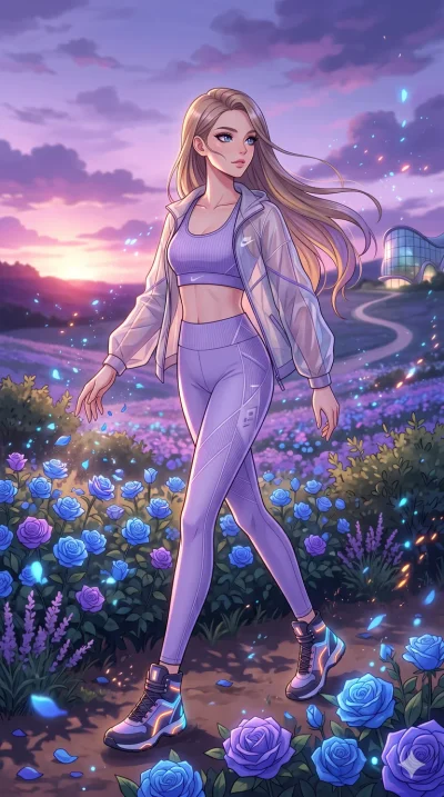 score_9, masterpiece, best quality, ultra-detailed, High-budget Anime Keyframe, beautiful Caucasian anime girl (strictly human ears). Dynamic full-body shot stretching the vertical silhouette with her statuesque presence. Walking through a field of b