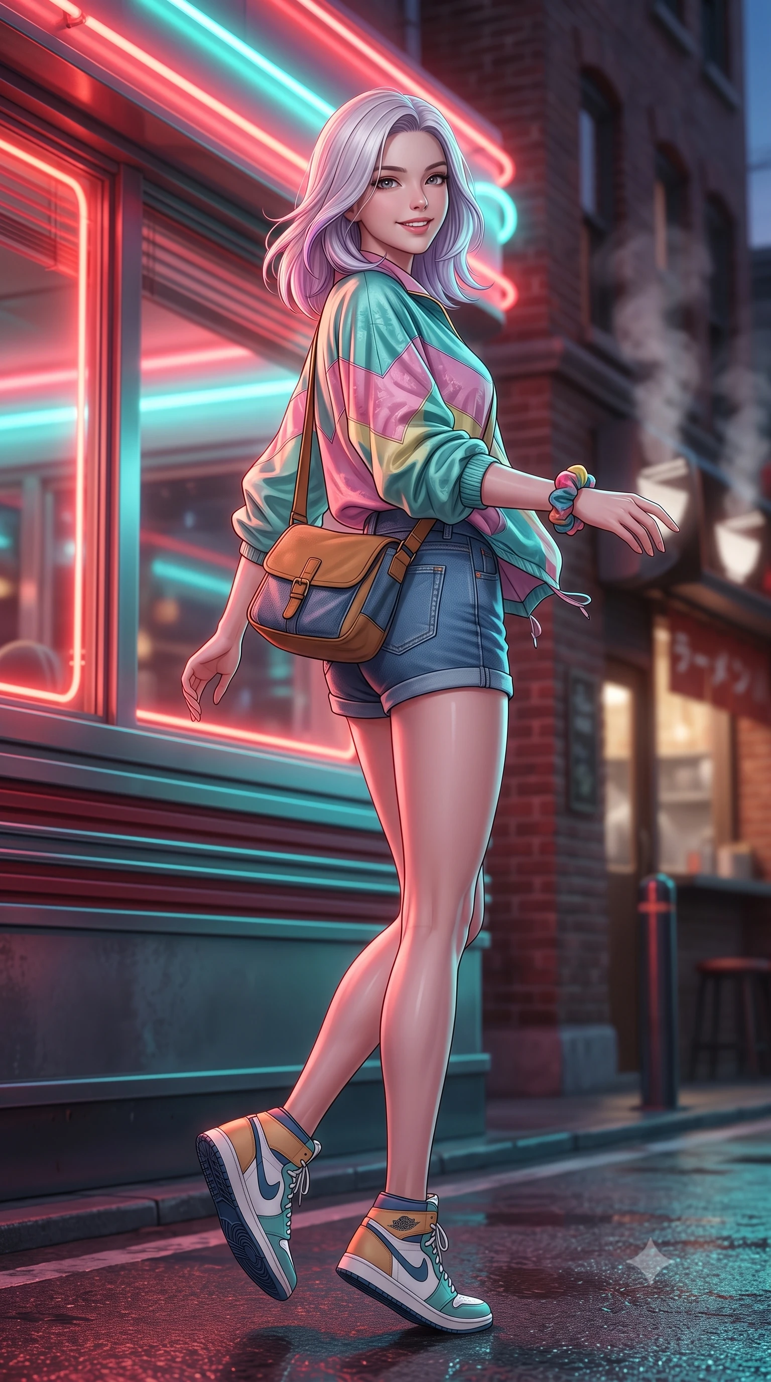 score_9, masterpiece, best quality, ultra-detailed, high-budget anime keyframe, semi-realistic 3D game render, editorial fashion photography, tasteful artistic composition, Caucasian woman. low angle full-body shot from head to toe showing her feet, filling the entire 9:16 vertical frame with her statuesque presence, stretching her vertical silhouette. executing an elegant mid-motion spin with effortless grace, her garments fluttering softly around her ultra-slim waistline while pivoting playfully outside a retro diner's glowing neon window, smiling with infectious nostalgic girlhood charm. The composition keeps background elements in soft focus with creamy bokeh. steaming ramen shop vents and classic brick storefronts softened in romantic 35mm shallow focus. She has an absolutely perfect, statuesque 8.5-heads proportion, an exceptionally tall and slender model-like female figure with impossibly long slender legs, a toned flat midriff, and an ultra-slim waist. sharp v-shaped jawline, high-bridge nose, intricate jewel-like eyes with depth, thick eyelashes, glossy lips with a natural sheen, captivating and magnetic expression, flawlessly proportioned anatomical accuracy, strict slender model proportions, natural body alignment, perfectly sculpted long slender limbs, ultra-slim waistline, clean dynamic posture without body distortion. wearing a retro pastel colorblock windbreaker paired with high-waisted denim shorts and a canvas crossbody bag in vintage camel brown and washed indigo denim, crafted from liquid-smooth silk satin with subtle floral jacquard, accessorized with a colorful scrunchie on her wrist and classic retro high-top sneakers, the breezy yet form-flattering drape swaying gracefully with her steps, accentuating her long willowy limbs and slim waistline. bathed in rich neon red and cyan streetlamp glow bouncing off wet asphalt surfaces. highly saturated vibrant anime colors, detailed shading with soft gradients, rich glossy textures, high-contrast stereoscopic depth, volumetric dynamic lighting, master piece, 9:16 ratio