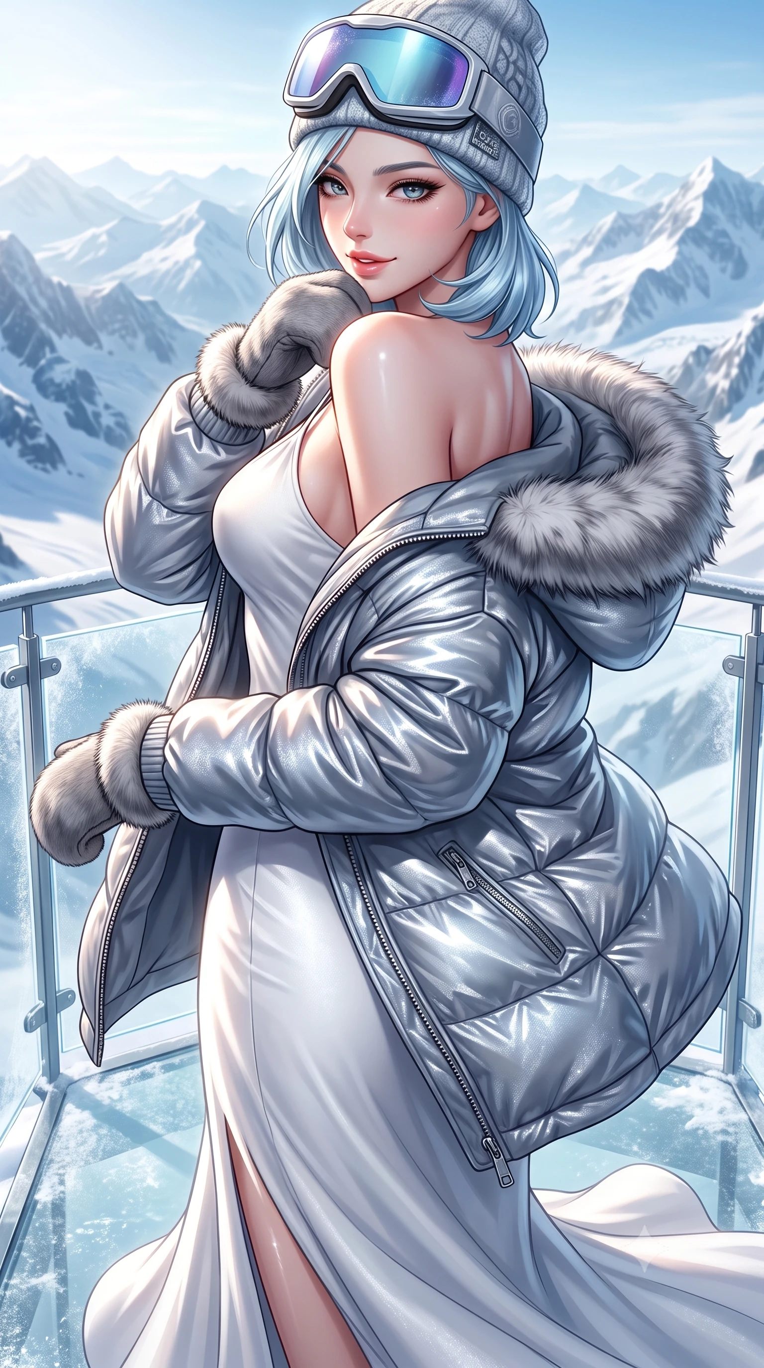 score_9, masterpiece, best quality, ultra-detailed, high-budget anime keyframe, semi-realistic 3D game render, editorial fashion photography, tasteful artistic composition, Korean woman. close-up cowboy shot from the waist and thighs up, the character dominates the composition, filling the frame with her large presence. turning over a bare shoulder with an intoxicating, teasing smile, her soft hair framing her sharp jawline as she looks back while pivoting gracefully on the frosted glass deck, pulling her fur-trimmed collar close while casting an alluring side-gaze. The surrounding environment is rendered in vivid detail and crisp panoramic clarity. detailed fur stole fibers, metallic zipper reflections, and distant alpine glacier ridges in high clarity. She has an exceptionally elegant, slender, and willowy female figure with an ultra-slim waist, a gracefully sculpted slender torso, toned flat midriff, and a refined slim silhouette. sharp v-shaped jawline, high-bridge nose, intricate jewel-like eyes with depth, thick eyelashes, glossy parted lips with a natural sheen, intensely captivating and seductive expression, flawlessly proportioned anatomical accuracy, strict slender model proportions, natural body alignment, perfectly sculpted long slender limbs, ultra-slim waistline, clean dynamic posture without body distortion. wearing a luxurious snow-white cashmere slip gown layered under an unbuttoned oversized down jacket in winter slate grey and pearl luster, crafted from shimmering metallic lamé reflecting frost like crushed ice, accessorized with mirrored ice-glare goggles resting on her beanie and fur mittens, the sweeping couture drape swaying majestically with her steps, accentuating her tall statuesque limbs and slender waistline. illuminated by bright specular snow reflections tracing her sculpted collarbones, waist, and long limbs. highly saturated vibrant anime colors, detailed shading with soft gradients, rich glossy textures, high-contrast stereoscopic depth, volumetric dynamic lighting, master piece, 9:16 ratio