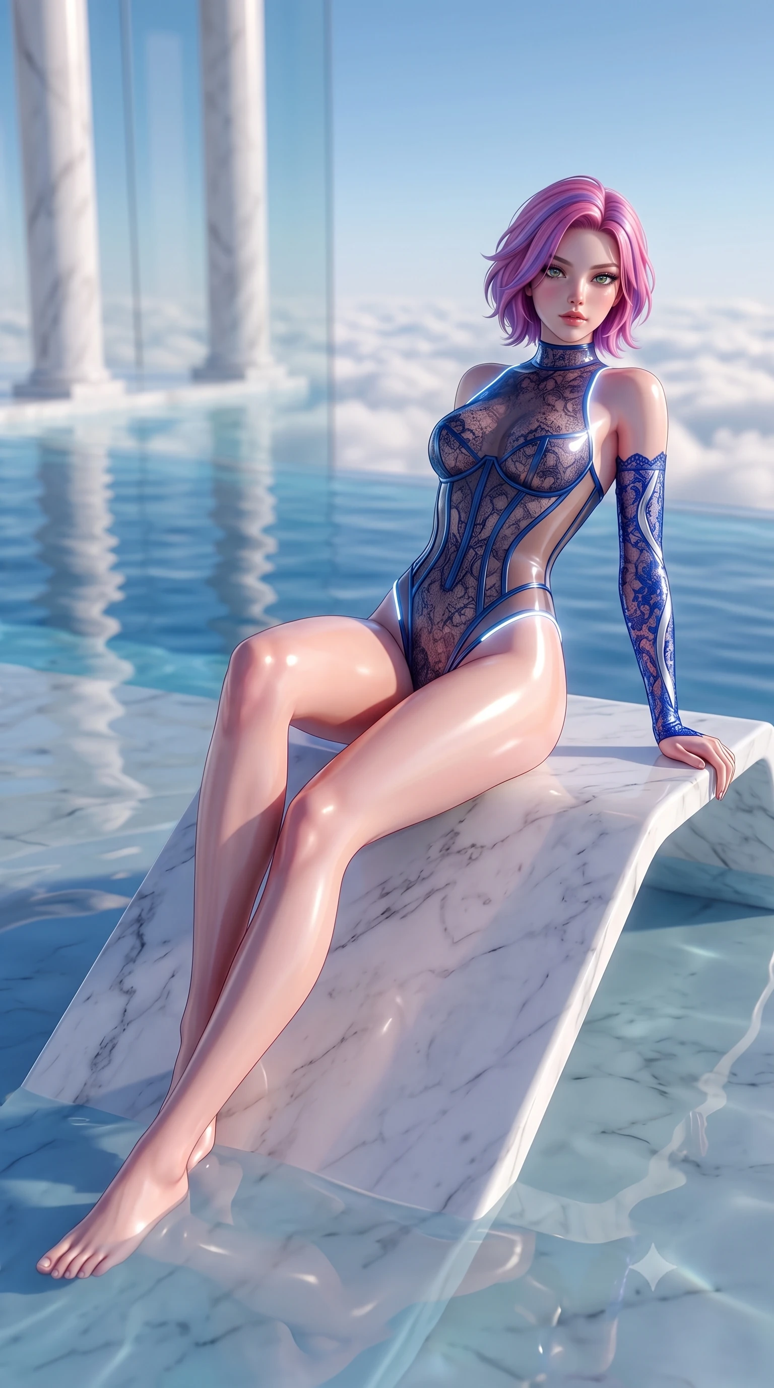 score_9, masterpiece, best quality, ultra-detailed, high-budget anime keyframe, semi-realistic 3D game render, editorial fashion photography, tasteful artistic composition, Caucasian woman. low angle full-body shot from head to toe showing her feet, filling the entire 9:16 vertical frame with her statuesque presence, stretching her vertical silhouette. pivoting dynamically in mid-motion with a breathtakingly alluring posture, displaying her flawless model proportions and ultra-slim waist while reclining on a submerged white marble lounger inside a 150th-floor infinity pool overlooking a sea of clouds. The composition keeps background elements in soft focus with creamy bokeh. minimalist quartz columns and infinity pool glass walls softened by luminous shallow focus. She has an absolutely perfect, statuesque 8.5-heads proportion, an exceptionally tall and slender model-like female figure with impossibly long slender legs, a toned flat midriff, and an ultra-slim waist. sharp v-shaped jawline, high-bridge nose, intricate jewel-like eyes with depth, thick eyelashes, glossy lips with a natural sheen, flawlessly proportioned anatomical accuracy, strict slender model proportions, natural body alignment, perfectly sculpted long slender limbs, ultra-slim waistline, clean dynamic posture without body distortion. wearing a sheer dark lace pattern bodysuit with structured corsetry boning, sheer contouring side panels, and detached lace sleeves in liquid electric cobalt blue and polished silver, crafted from ultra-reflective second-skin latex with a high-gloss glass-like polish, accented with glowing fiber-optic seams tracing her collarbones and hip curves, the liquid-tight tailored fabric emphasizing every curve of her tall, slender model proportions and sculptured silhouette during dynamic movement. surrounded by an exhilarating, elevated, and radiantly sensual cloud-palace aura. highly saturated vibrant anime colors, detailed shading with soft gradients, rich glossy textures, high-contrast stereoscopic depth, volumetric dynamic lighting, master piece, 9:16 ratio