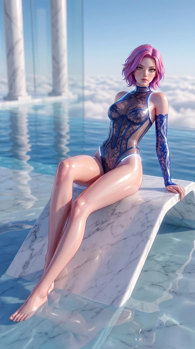 score_9, masterpiece, best quality, ultra-detailed, high-budget anime keyframe, semi-realistic 3D game render, editorial fashion photography, tasteful artistic composition, Caucasian woman. low angle full-body shot from head to toe showing her feet, 