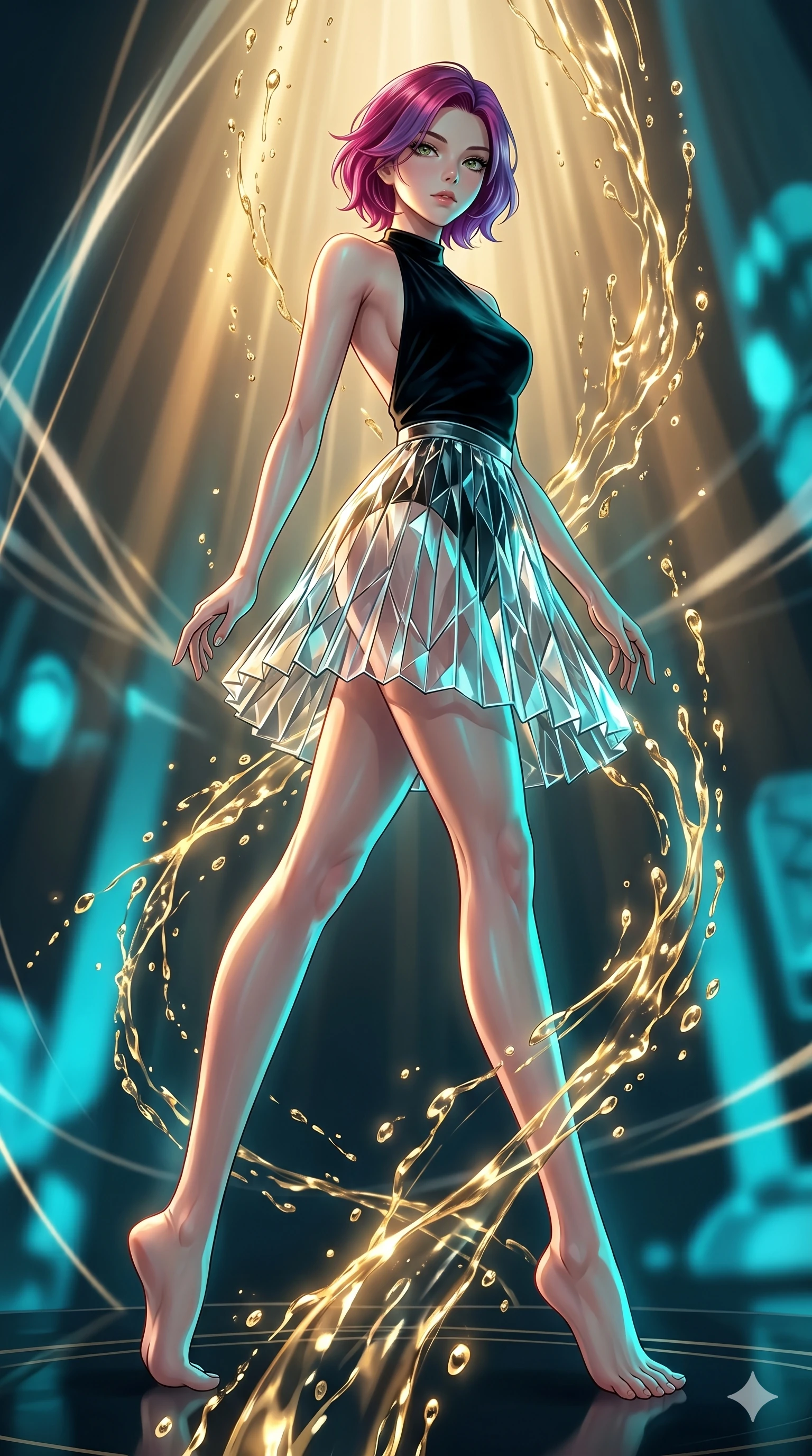 score_9, masterpiece, best quality, ultra-detailed, high-budget anime keyframe, Japanese woman. low angle full-body shot filling the entire 9:16 frame with her statuesque presence, stretching the vertical silhouette. dodging ethereal liquid gold rain that rises upward from the ground in warm shimmering droplets under an inverted gravity field. She has an absolutely perfect 8-heads proportion, an exceptionally tall and slender female figure with impossibly long slender legs and an ultra-slim waist. V-shaped jawline, high-bridge nose, intricate jewel-like eyes with depth, thick eyelashes, glossy lips with a natural sheen.. wearing a fractal glass pleated skirt and a backless black velvet halter neck top, creating a dramatic and elegant silhouette. showcasing a beautiful play of light and shadow, with warm golden rays clashing against cool cyan highlights. 2k, ultra detail, master piece, 9:16 ratio