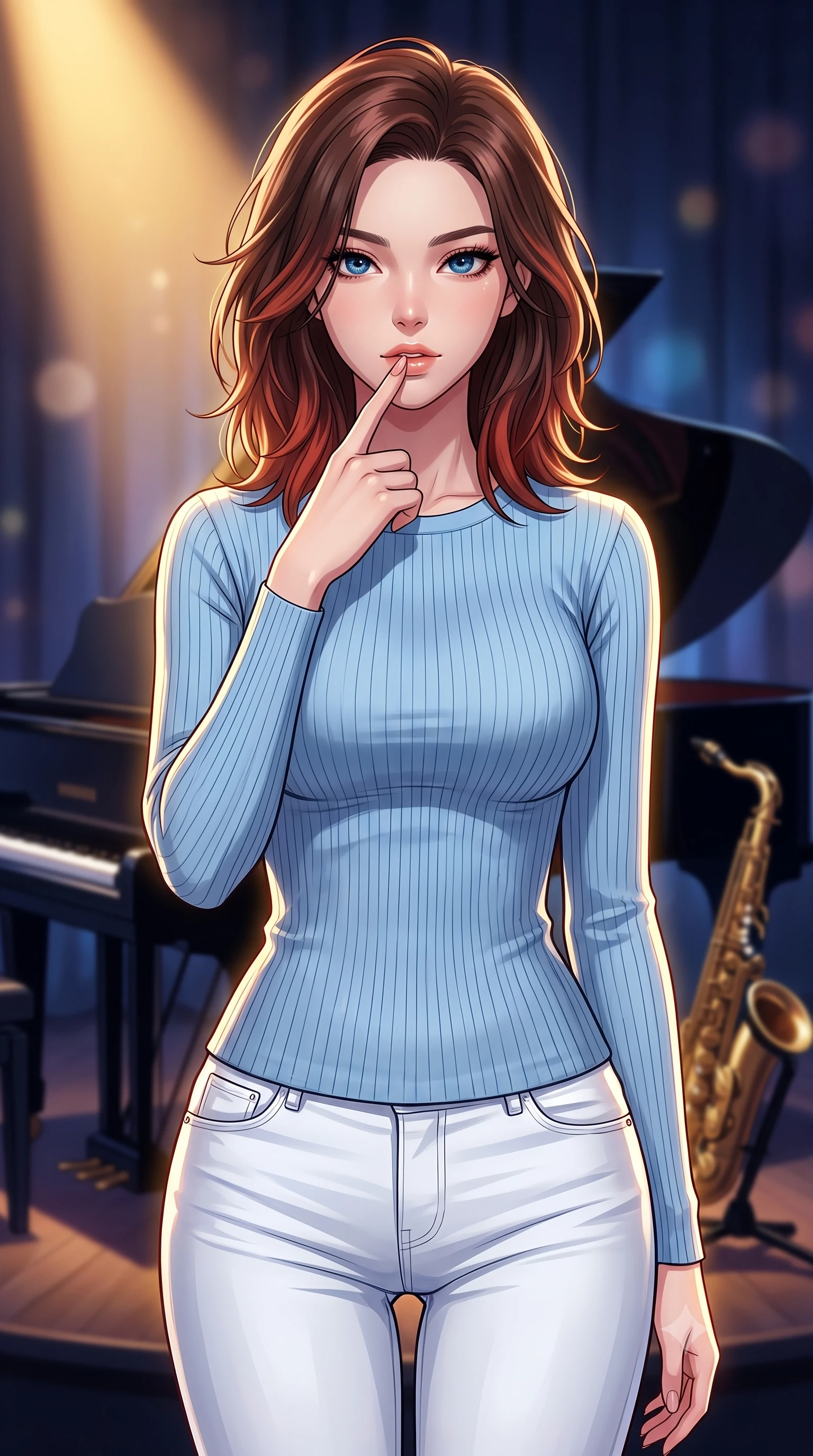 score_9, masterpiece, best quality, ultra-detailed, high-budget anime keyframe, tasteful artistic composition, Korean woman. close-up cowboy shot from the waist and thighs up, the character dominates the composition, filling the frame with her large presence, background elements kept in soft focus. pressing one finger to her bottom lip in a thoughtful, seductive gesture under the warm sun the background shows a soft-focus a dimly lit jazz lounge stage next to a glossy black grand piano and a brass saxophone. She has an exceptionally elegant, slender, and willowy female figure with an ultra-slim waist, a gracefully sculpted slender torso, and a refined silhouette. sharp v-shaped jawline, high-bridge nose, intricate jewel-like eyes with depth, thick eyelashes, glossy lips with a natural sheen. wearing a form-contouring body-hugging light blue ribbed long-sleeve top paired with tight white denim pants. a single warm spotlight tracing her statuesque posture against the dark backdrop. highly saturated vibrant anime colors, cel-shading, 2d style, master piece, 9:16 ratio
