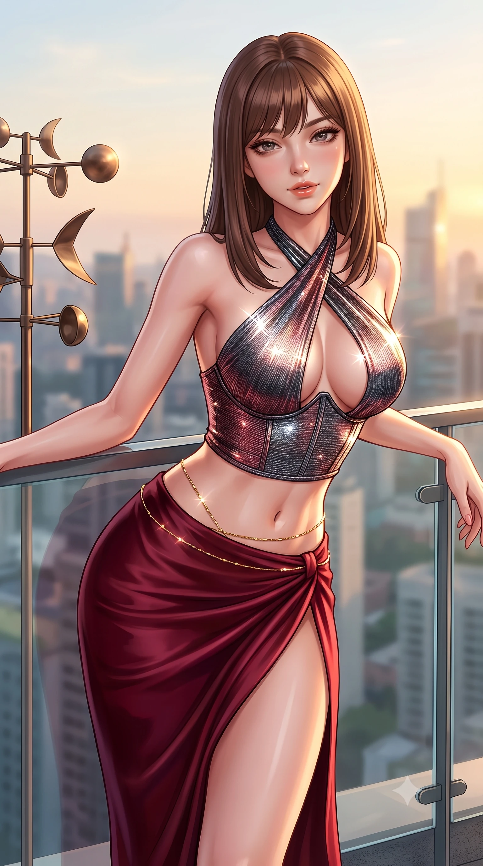 score_9, masterpiece, best quality, ultra-detailed, high-budget anime keyframe, semi-realistic 3D game render, editorial fashion photography, tasteful artistic composition, Korean woman. close-up cowboy shot from the waist and thighs up, the character dominates the composition, filling the frame with her large presence. leaning forward while arching her lower back to accentuate her curvy hips, looking into the camera with an intoxicating smoldering gaze and bedroom-eyes while standing on the open-air rooftop sculpture terrace beside kinetic bronze wind vanes, arching her back against the sunset skyline. The background shows a soft-focus city skyline horizons softened in breezy metropolitan rooftop shallow focus. She has an exceptionally elegant, slender, and willowy female figure with an ultra-slim waist, flat toned midriff, narrow ribcage, and sculpted feminine hips creating an alluring, slim hourglass silhouette without bulk. sharp v-shaped jawline, high-bridge nose, sparkling eyes with hypnotic seductive depth, thick curled eyelashes, glossy parted lips with a natural dewy peach sheen, alluring bedroom-eyes with an enchanting coquettish smile, exuding magnetic siren charisma and sophisticated glamour, flawlessly proportioned anatomical accuracy, strict slender model proportions, natural body alignment, perfectly sculpted long slender limbs, ultra-slim waistline, clean dynamic posture without body distortion. wearing a high-waisted dark crimson satin wrap sarong skirt with hip-high slit paired with a plunging criss-cross halter corset in dual-tone high-contrast avant-garde monochrome, woven from stretch metallic lurex jersey casting radiant starlight glints across her silhouette, accented with a dainty gold belly chain resting across her flat midriff and curving hips, the glove-like clinging cut tightly following the natural contour of her hips and long slender legs with youthful 8.5-heads elegance. illuminated by glass balustrade reflections and sharp warm-gold rim lights defining her razor-sharp jawline, narrow waist, and curvy hips. highly saturated vibrant anime colors, detailed shading with soft gradients, rich glossy textures, high-contrast stereoscopic depth, volumetric dynamic lighting, master piece, 9:16 ratio