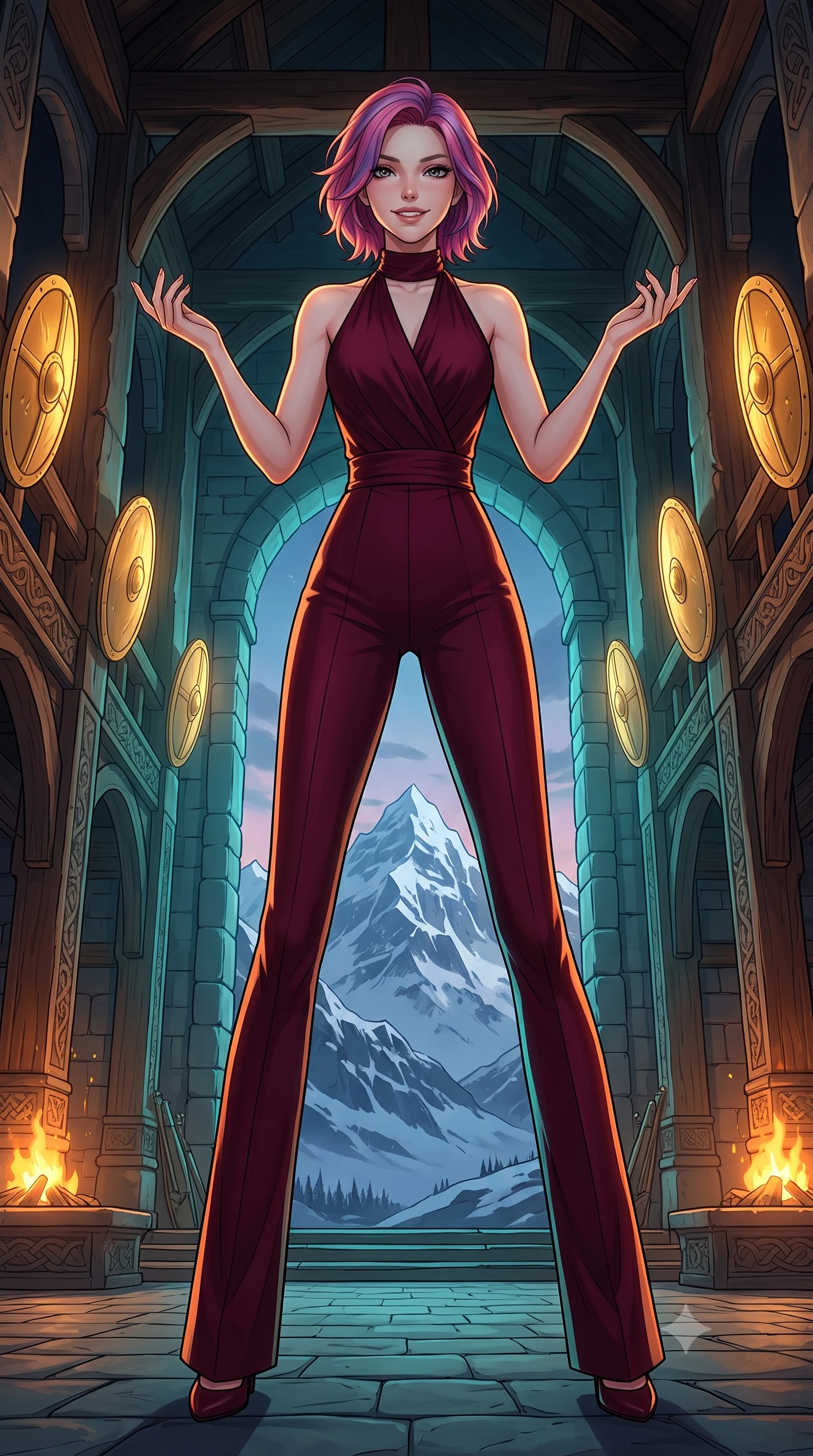 score_9, masterpiece, best quality, ultra-detailed, high-budget anime keyframe, editorial fashion photography, tasteful artistic composition, gorgeous anime illustration, with clean line-art, distinct ink outlines, and high-contrast stereoscopic depth, Caucasian woman, strictly human ears. low angle full-body shot from head to toe showing her feet, filling the entire 9:16 vertical frame with her statuesque presence, stretching her vertical silhouette. striking a proud, smiling pose within in a monumental Nordic stone feast hall with giant floating golden shields along the walls, looking out of giant stone arches onto a majestic snow-covered mountain range. She has a statuesque 8.5-heads proportion, an exceptionally tall, slender and willowy model-like build with impossibly long legs and a highly sculpted ultra-slim waist. sharp v-shaped jawline, high-bridge nose, intricate jewel-like eyes with depth, thick eyelashes, glossy lips with a natural sheen. wearing a precision-tailored jumpsuit in deep burgundy with a high wrap-front neck, highlighting her slim waist and long legs. warm amber rim lighting combined with cool teal fill light creating dramatic contrast. 2k, ultra detail, master piece, 9:16 ratio, highly saturated vibrant anime colors, detailed cel-shading with soft gradients, rich glossy textures, deep contrast, volumetric dynamic lighting, 2d animation style