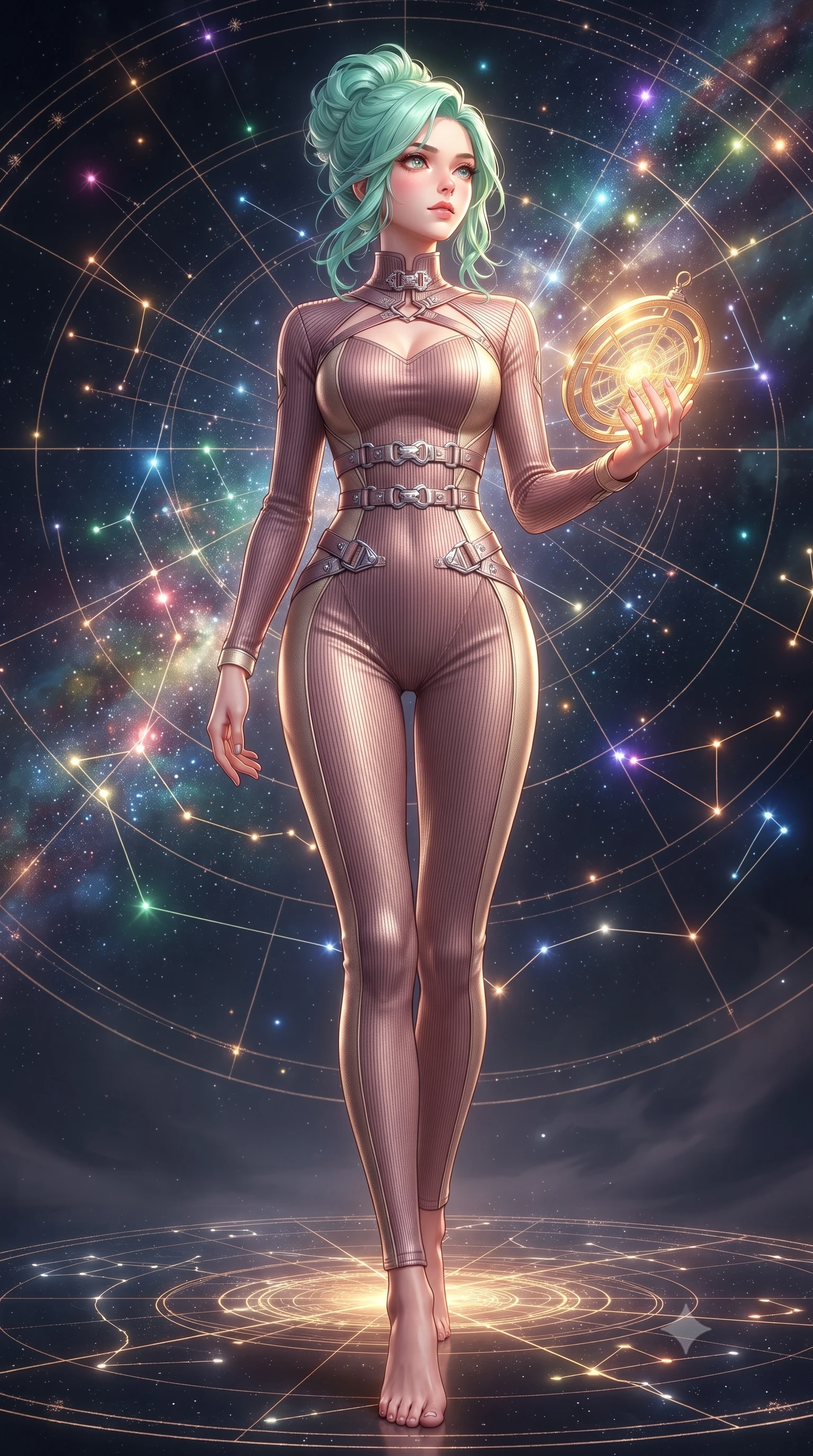 score_9, masterpiece, best quality, ultra-detailed, high-budget anime keyframe, editorial fashion photography, tasteful artistic composition, Japanese woman. low angle full-body shot from head to toe showing her feet, filling the entire 9:16 vertical frame with her statuesque presence, stretching her vertical silhouette. stepping forward with proud posture, filling the vertical frame with her magnetic presence navigating a constellation map woven from starlight threads, glowing constellation lines tracing intricate patterns nearby. She has an absolutely perfect, statuesque 8.5-heads proportion, an exceptionally tall and slender model-like female figure with impossibly long slender legs and an ultra-slim waist. sharp v-shaped jawline, high-bridge nose, intricate jewel-like eyes with depth, thick eyelashes, glossy lips with a natural sheen. wearing a form-fitting ribbed activewear set with collar cutouts in dusty rose and champagne gold, made of fine carbon-fiber weave and soft matte leather, detailed with polished silver buckles along the waistline, the sleek second-skin texture accentuating her magnetic presence. illuminated by brilliant starlight and warm golden inner glow from the astrolabe. highly saturated vibrant anime colors, detailed shading with soft gradients, rich glossy textures, high-contrast stereoscopic depth, volumetric dynamic lighting, master piece, 9:16 ratio