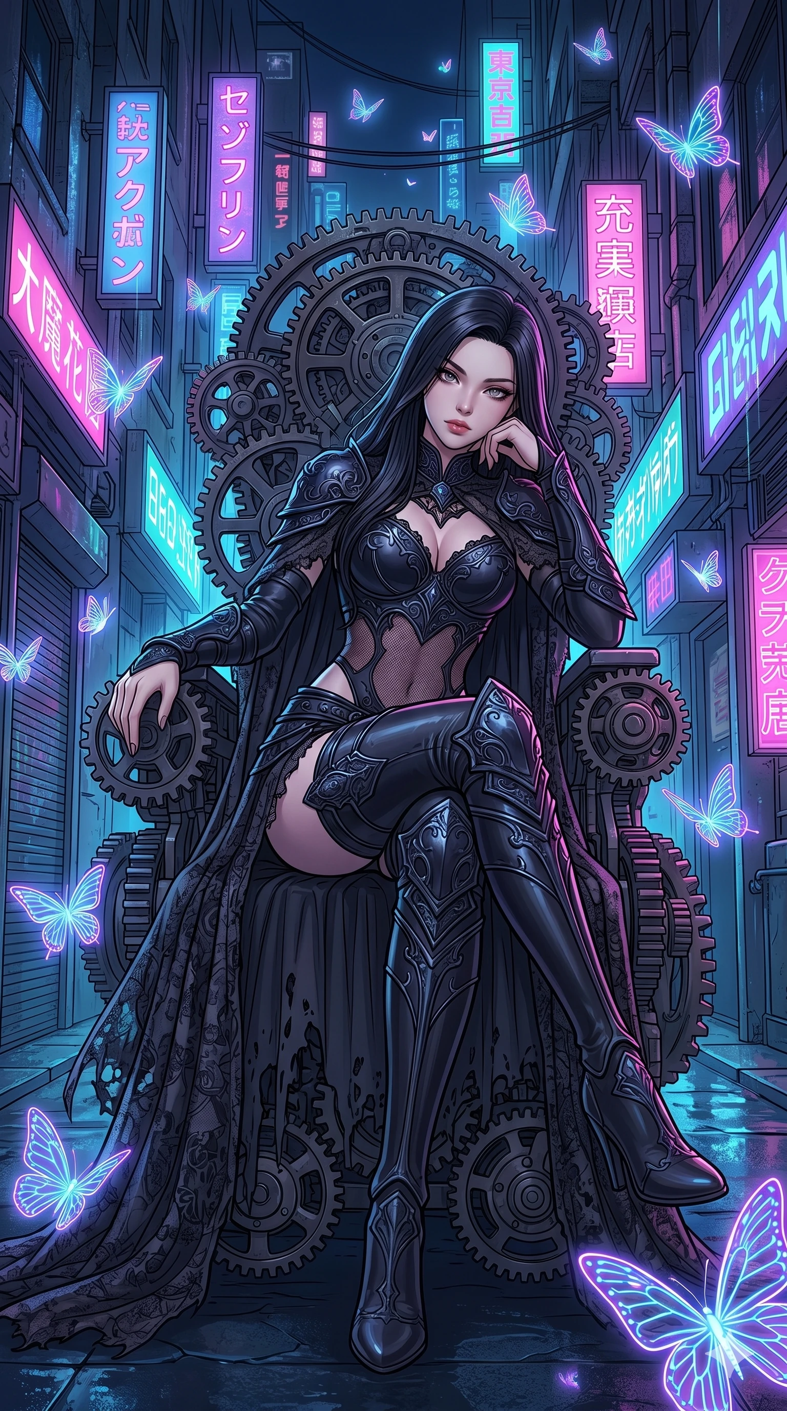 score_9, masterpiece, best quality, ultra-detailed, high-budget anime movie keyframe, cinematic anime lighting, intricate line art, Caucasian (strictly human ears) woman. Low angle cowboy shot filling the entire 9:16 frame with her statuesque presence. resting on a throne of gears in a neon-lit cyberpunk alleyway surrounded by glowing butterflies. She has an absolutely perfect 8-heads proportion, an exceptionally tall and slender female figure with an ultra-slim waist and impossibly long slender legs. sharp v-shaped jawline, high-bridge nose, intricate jewel-like eyes, thick eyelashes, glossy lips. Wearing dark fantasy gothic leather armor with ornate obsidian plates, a tattered lace cape, and sheer mesh cut-outs at the midriff, exuding a mysterious allure. The scene is illuminated by dramatic atmospheric lighting and vibrant color palettes. , 2k, ultra detail, master piece, 9:16 ratio