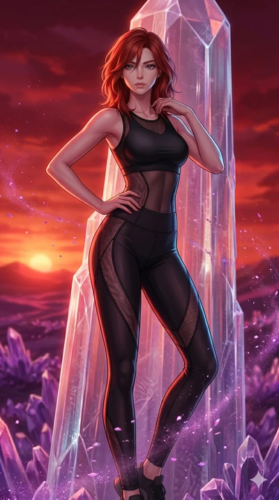 score_9, masterpiece, best quality, ultra-detailed, high-budget anime keyframe, Korean woman. upper body close-up from the thighs up, character filling the screen for maximum presence. standing atop a transparent salt crystal tower in a purple crysta