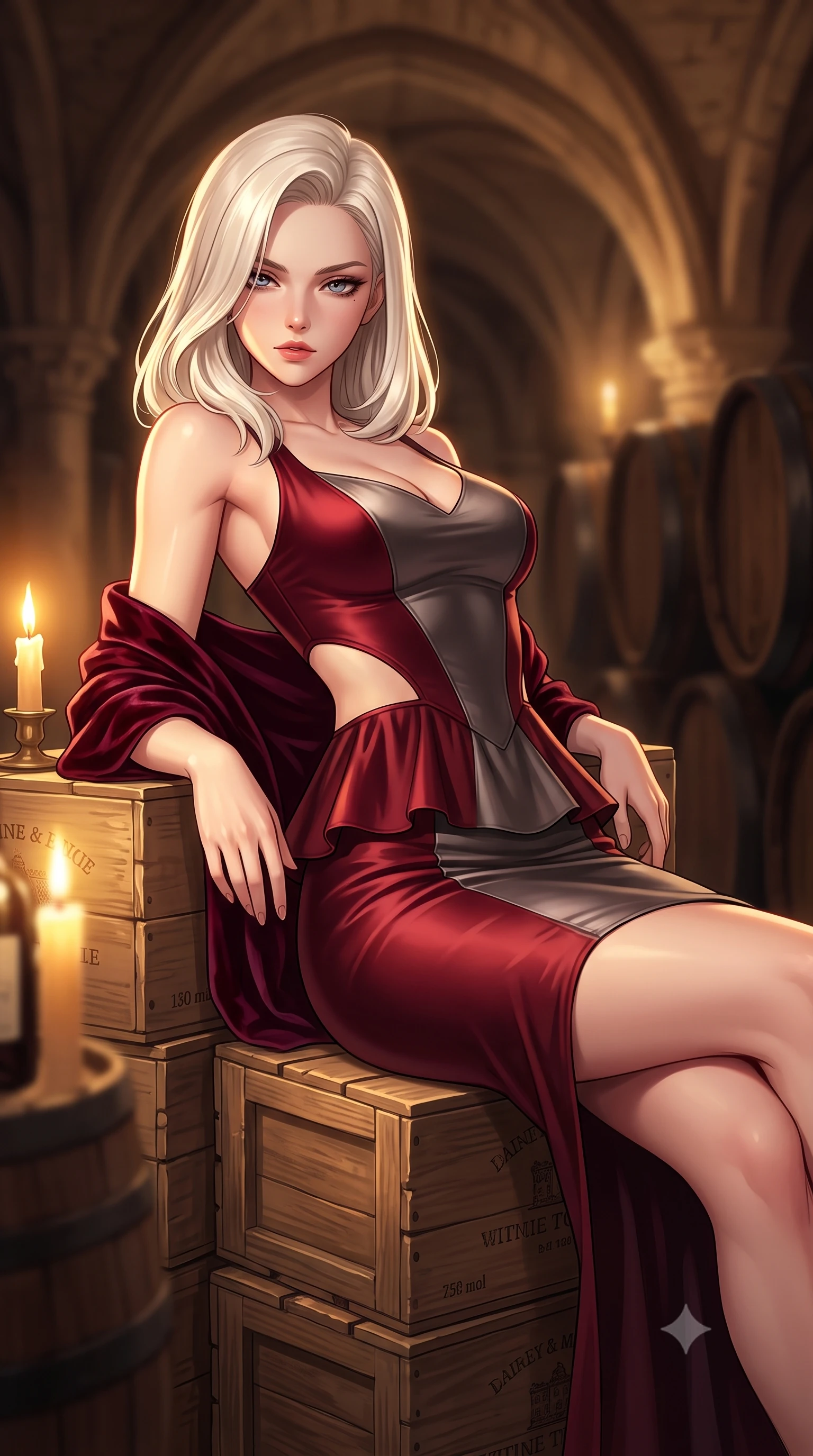 score_9, masterpiece, best quality, ultra-detailed, high-budget anime keyframe, semi-realistic 3D game render, editorial fashion photography, tasteful artistic composition, Caucasian woman. close-up cowboy shot from the waist and thighs up, the character dominates the composition, filling the frame with her large presence. twisting her slender torso in a deep contrapposto stance, hips dramatically shifted to accentuate her feminine curves while looking past her shoulder with smoldering bedroom-eyes while reclining languidly atop stacked antique wine crates propped on one elbow, her curvy hips and long slender legs creating a breathtaking line in the candlelit cellar. The composition keeps background elements in soft focus with creamy bokeh. towering carved limestone vaults and heavy oak cask silhouettes softened in atmospheric shallow focus. She has an exceptionally elegant, slender, and willowy female figure with an ultra-slim waist, a gracefully sculpted slender torso, toned flat midriff, and rounded feminine hips creating an alluring hourglass silhouette. sharp v-shaped jawline, high-bridge nose, intricate jewel-like eyes with depth, thick eyelashes, glossy parted lips with a natural sheen, intensely captivating and seductive bedroom-eyes expression, flawlessly proportioned anatomical accuracy, strict slender model proportions, natural body alignment, perfectly sculpted long slender limbs, ultra-slim waistline, clean dynamic posture without body distortion. wearing a modern peplum corset dress with side-waist diamond cutouts and an ultra-tight silhouette in deep garnet red and brushed dark platinum, tailored from liquid silk jersey adhering flawlessly to her slender build, complemented by a plush velvet shawl draped loosely over her elbows, the glove-like aerodynamic silhouette tightly following the natural contour of her hips and long slender legs with statuesque precision. surrounded by an opulent, intimate, and dangerously intoxicating vintage wine empress aura. highly saturated vibrant anime colors, detailed shading with soft gradients, rich glossy textures, high-contrast stereoscopic depth, volumetric dynamic lighting, master piece, 9:16 ratio