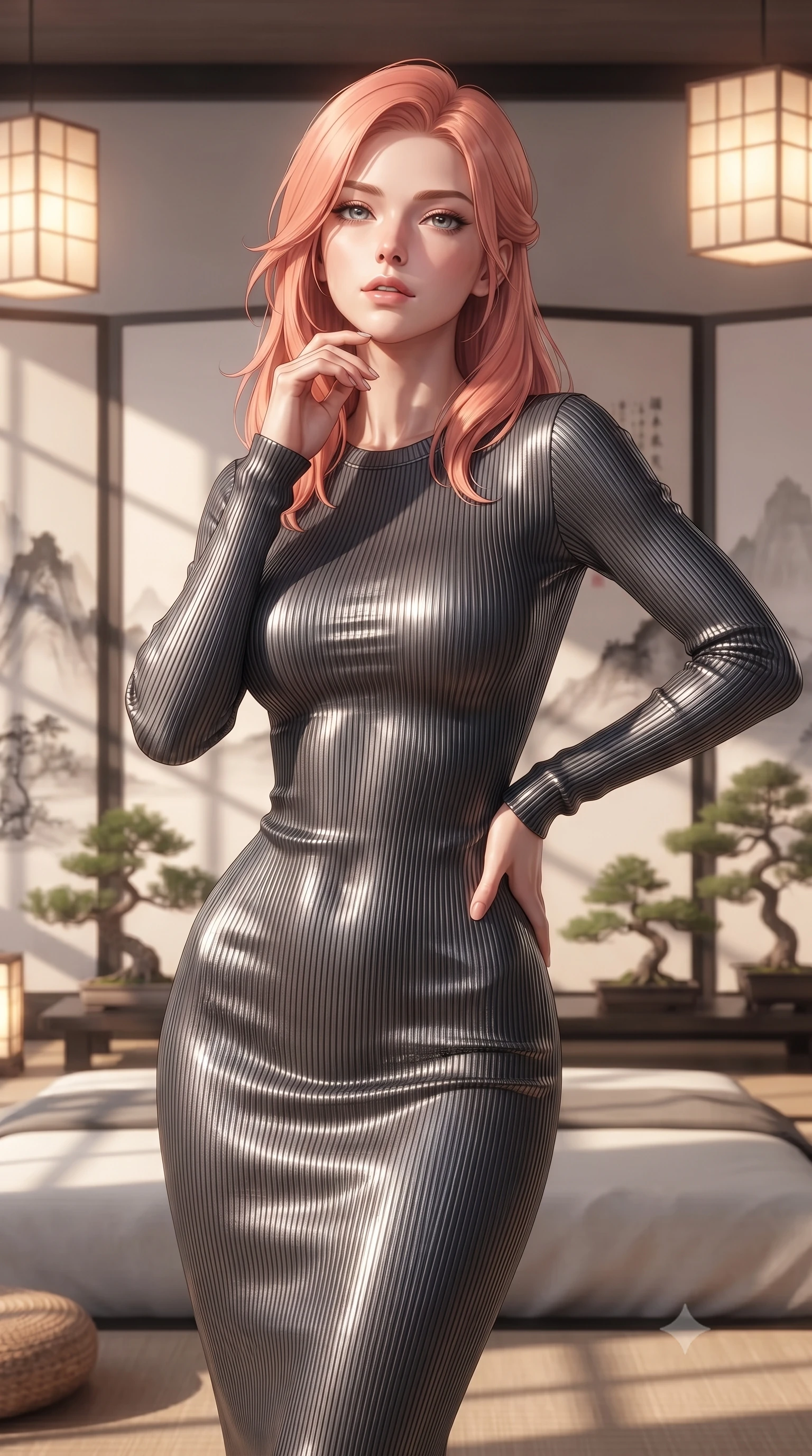 score_9, masterpiece, best quality, ultra-detailed, high-budget anime keyframe, editorial fashion photography, tasteful artistic composition, Japanese woman woman. close-up cowboy shot from the waist and thighs up, the character dominates the composition, filling the frame with her large presence, background elements kept in soft focus. tilting her chin up slightly with lips parted in a composed, provocative expression the background shows a soft-focus a modern bedroom decorated with folding paper screens and bonsai plants. She has an exceptionally elegant, slender, and willowy female figure with an ultra-slim waist, a gracefully sculpted slender torso, and a refined silhouette. sharp v-shaped jawline, high-bridge nose, intricate jewel-like eyes with depth, thick eyelashes, glossy lips with a natural sheen. wearing a tailored form-contouring ribbed bodycon midi dress in charcoal grey with long sleeves. warm glowing paper lanterns casting soft, diffused grid-like shadow lines. ultra-reflective glossy finish, specular highlights, metallic sheen, high-contrast stereoscopic depth, volumetric dynamic lighting, 2k, ultra detail, master piece, 9:16 ratio
