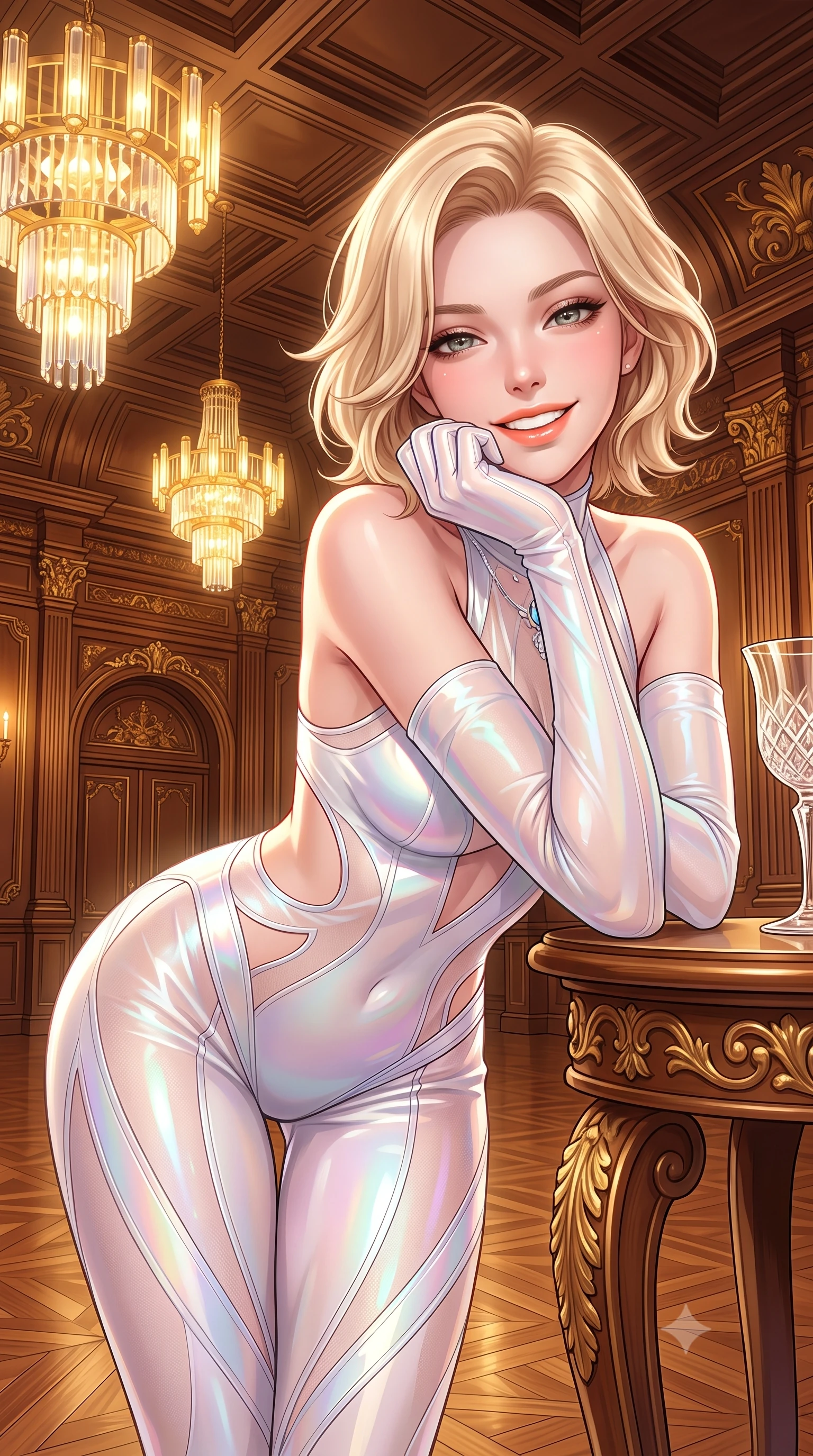 score_9, masterpiece, best quality, ultra-detailed, high-budget anime keyframe, semi-realistic 3D game render, editorial fashion photography, tasteful artistic composition, Caucasian woman. close-up cowboy shot from the waist and thighs up, the character dominates the composition, filling the frame with her large presence. resting one elbow on the table and supporting her chin, leaning close to the camera with heavy-lidded sparkling eyes and parted lips while standing centered on the mirror-polished teak ballroom floor beneath the soaring coffered ceiling, arching her spine with queenly supermodel charisma. The surrounding environment is rendered in vivid detail and crisp panoramic clarity: sharp carved teak parquet wood grain, gilded acanthus scrollwork, and diamond-cut crystal glass facets in deep focus. She has an exceptionally elegant, slender, and willowy female figure with an ultra-slim waist, flat toned midriff, narrow ribcage, and sculpted feminine hips creating an alluring, slim hourglass silhouette without bulk. sharp v-shaped jawline, high-bridge nose, intricate jewel-like sparkling eyes with depth, thick eyelashes, glossy parted lips with a natural peach sheen, bright cheerful beaming smile with an enchanting and coquettish sensual glint, exuding both youthful cute charm and seductive allure, flawlessly proportioned anatomical accuracy, strict slender model proportions, natural body alignment, perfectly sculpted long slender limbs, ultra-slim waistline, clean dynamic posture without body distortion. wearing an ultra-daring sheer vinyl-trimmed illusion mesh catsuit with strategic translucent cutouts along her hips and torso in pure translucent crystal white and iridescent opal, crafted from fluid liquid silk satin that clings smoothly to her narrow waist and rounded hips with a dewy sheen, complemented by sheer opera-length evening gloves tracing her slender arms, the second-skin tailored fabric adhering flawlessly to her sculpted flat midriff and slender torso, emphasizing her long leg lines and perfectly proportioned willowy build. bathed in the opulent golden 2600K radiance of multi-tiered Art Deco chandeliers dimmed to an intimate evening glow. highly saturated vibrant anime colors, detailed shading with soft gradients, rich glossy textures, high-contrast stereoscopic depth, volumetric dynamic lighting, master piece, 9:16 ratio