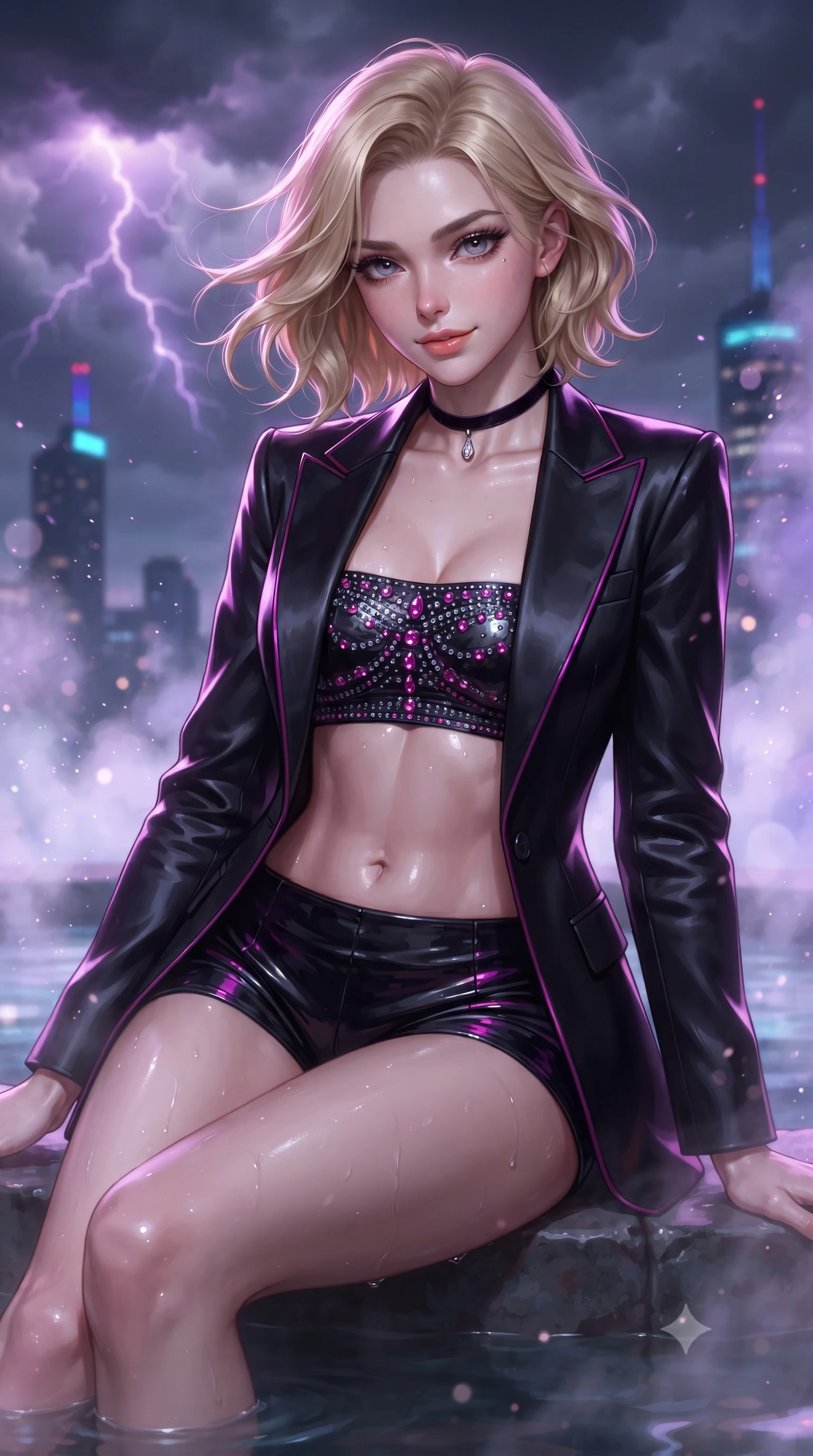 score_9, masterpiece, best quality, ultra-detailed, high-budget anime keyframe, editorial fashion photography, tasteful artistic composition, Caucasian woman. close-up cowboy shot from the waist and thighs up, the character dominates the composition, filling the frame with her large presence. turning slowly with an enchanting smoldering smile, her glossy hair tossing in the breeze as her hips angle gracefully in a captivating contrapposto while sitting on the submerged volcanic stone ledge of the 70th-floor open-air thermal bath, arching her spine with wet-look siren grace. The background shows a soft-focus swirling storm clouds with purple lightning arcs, distant neon skyscraper antennas, and billowing thermal steam blurred into violet, sapphire, and starlight bokeh. She has an exceptionally elegant, slender, and willowy female figure with an ultra-slim waist, flat toned midriff, narrow ribcage, and sculpted feminine hips creating an alluring, slim hourglass silhouette without bulk. sharp v-shaped jawline, high-bridge nose, sparkling eyes with hypnotic seductive depth, thick curled eyelashes, glossy parted lips with a natural dewy peach sheen, alluring bedroom-eyes with an enchanting coquettish smile, exuding magnetic siren charisma and sophisticated glamour, flawlessly proportioned anatomical accuracy, strict slender model proportions, natural body alignment, perfectly sculpted long slender limbs, ultra-slim waistline, clean dynamic posture without body distortion. wearing a tailored open-front satin smoking jacket worn over a jewel-embellished bandeau and micro-shorts in wet-look onyx black with electric magenta reflections, tailored from fine structural neoprene with crisp architectural edges and smooth contouring, finished with a thin velvet ribbon choker and a single teardrop diamond pendant, the liquid-tight tailored fabric clinging flawlessly to her narrow waist and rounded feminine hips, emphasizing every millimeter of her sculpted slim hourglass curves without any bulky heaviness. illuminated by steam particle light scatter and sharp platinum-violet rim lights defining her razor-sharp jawline, narrow waist, and voluptuous hip curves. ultra-reflective glossy finish, specular highlights, rich textural contrasts, high-contrast stereoscopic depth, volumetric dynamic lighting, 2k, ultra detail, master piece, 9:16 ratio