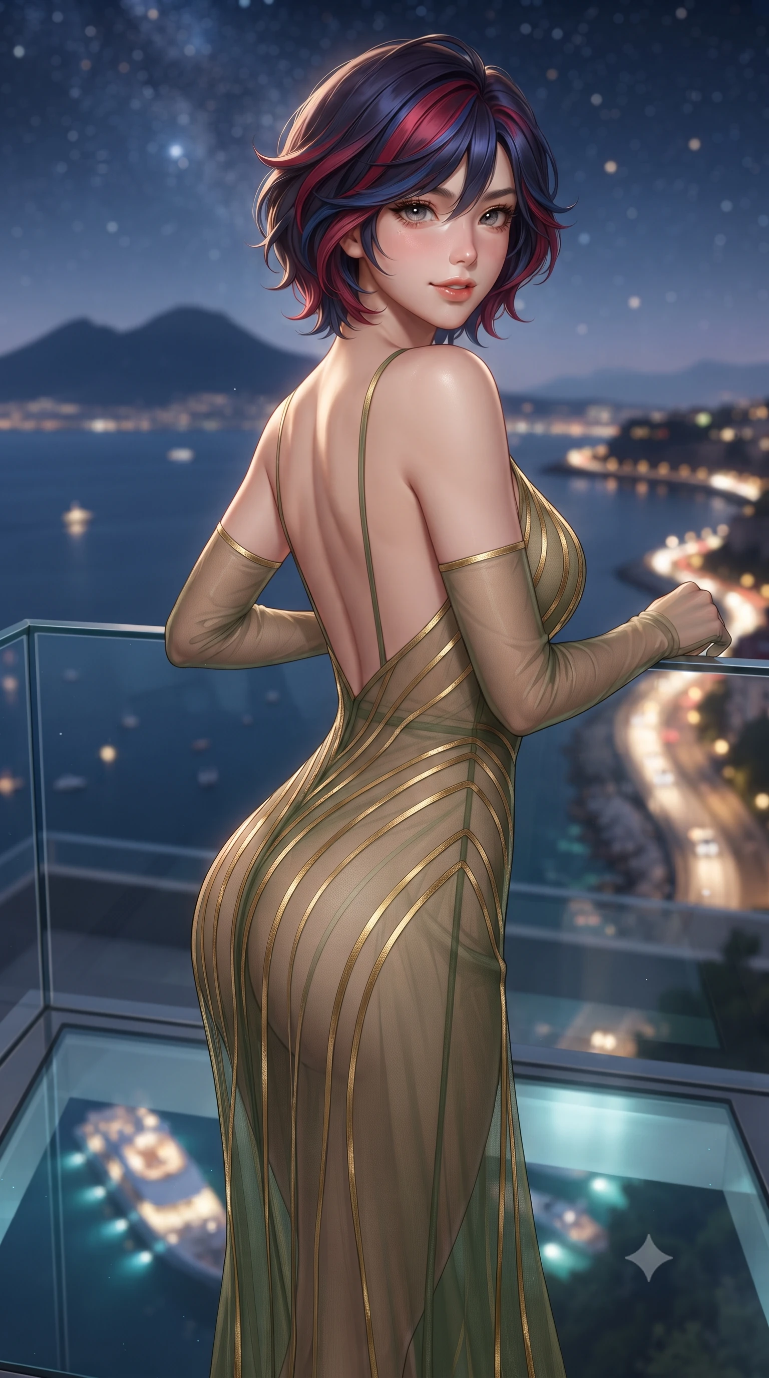 score_9, masterpiece, best quality, ultra-detailed, high-budget anime keyframe, editorial fashion photography, tasteful artistic composition, Korean woman. close-up cowboy shot from the waist and thighs up, the character dominates the composition, filling the frame with her large presence. posing in an alluring rear three-quarter angle, looking over a bare shoulder with parted glossy lips, her hips cocked back to highlight her slim hourglass curve while leaning against the seamless glass enclosure with hips cocked back, looking through transparent floor panels at illuminated yacht lights with bedroom-eyes. The background shows a soft-focus imposing dark silhouette of Mount Vesuvius across the glittering Bay of Naples, winding coastal highway headlights, and starry heavens blurred into electric gold, ruby, and cobalt bokeh. She has an exceptionally elegant, slender, and willowy female figure with an ultra-slim waist, flat toned midriff, narrow ribcage, and sculpted feminine hips creating an alluring, slim hourglass silhouette without bulk. sharp v-shaped jawline, high-bridge nose, intricate jewel-like sparkling eyes with depth, thick eyelashes, glossy parted lips with a natural peach sheen, bright cheerful beaming smile with an enchanting and coquettish sensual glint, exuding both youthful cute charm and seductive allure, flawlessly proportioned anatomical accuracy, strict slender model proportions, natural body alignment, perfectly sculpted long slender limbs, ultra-slim waistline, clean dynamic posture without body distortion. wearing a plunge-front sheer illusion tulle slip dress with liquid gold ribbon stripes hugging her curves in Gion antique matcha green and gilded gold leaf, woven from fine semi-opaque stretch illusion mesh tracing her slender contours, complemented by sheer opera-length evening gloves tracing her slender arms, the second-skin tailored fabric adhering flawlessly to her sculpted flat midriff and slender torso, emphasizing her long leg lines and perfectly proportioned willowy build. illuminated by glass reflection fill and sharp platinum-gold rim lights sculpting her jawline, narrow waist, and curvy hips. ultra-reflective glossy finish, specular highlights, rich textural contrasts, high-contrast stereoscopic depth, volumetric dynamic lighting, 2k, ultra detail, master piece, 9:16 ratio