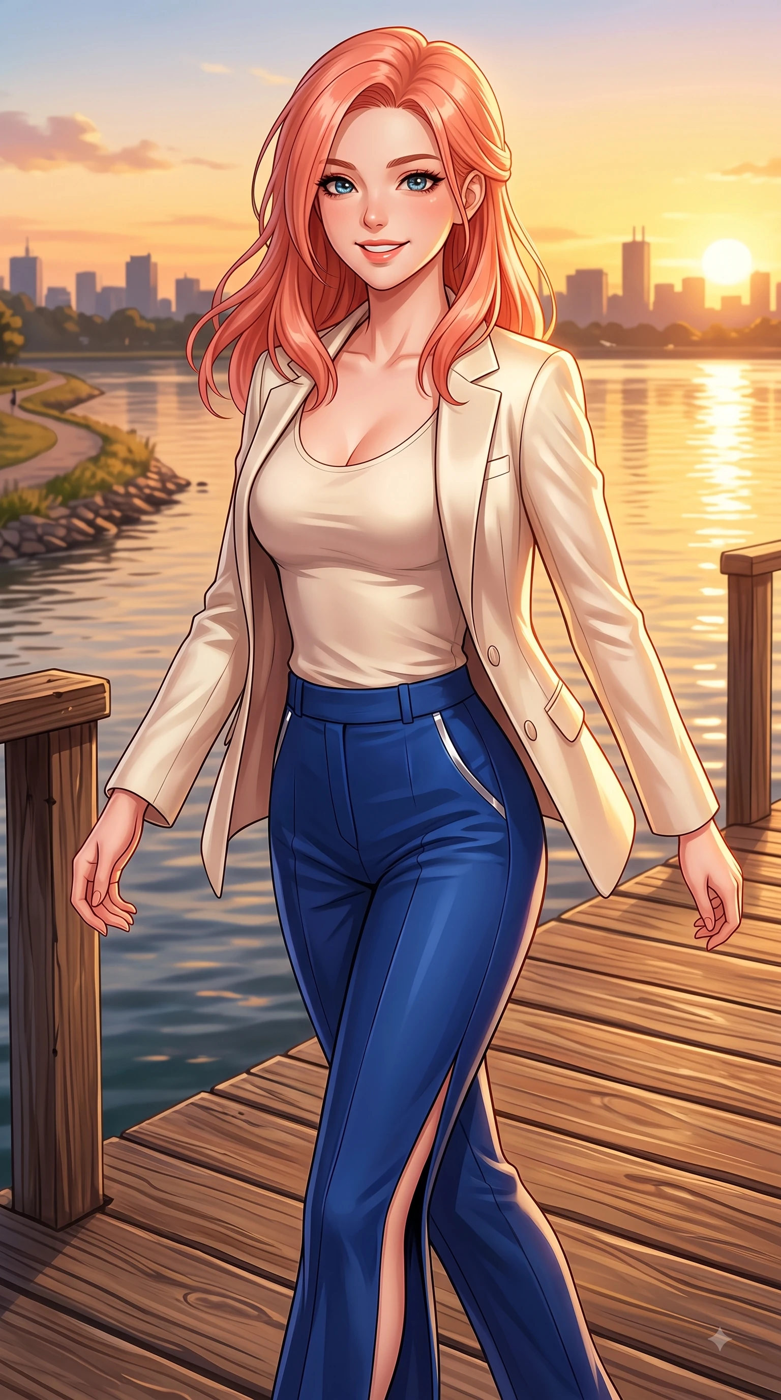 score_9, masterpiece, best quality, ultra-detailed, high-budget anime keyframe, editorial fashion photography, tasteful artistic composition, Japanese woman. close-up cowboy shot from the waist and thighs up, the character dominates the composition, filling the frame with her large presence. Youthful bright smile exuding pure cute charm and fresh energy, her torso turning dynamically into the lens while pivoting in a happy stride along a wooden pier overlooking calm river waters. The surrounding environment is rendered in vivid detail and crisp panoramic clarity. scenic walking paths and distant city skyline silhouettes captured with environmental clarity. She has an exceptionally elegant, slender, and willowy female figure with an ultra-slim waist, a gracefully sculpted slender torso, and a refined silhouette. sharp v-shaped jawline, high-bridge nose, intricate jewel-like eyes with depth, thick eyelashes, glossy lips with a natural sheen, flawlessly proportioned anatomical accuracy, natural body alignment, perfectly sculpted elegant limbs, clean dynamic posture without body distortion. wearing a tailored cream silk blazer over a fitted scoop-neck camisole and slacks in deep royal blue and polished silver accent, made of premium stretch jersey that follows her curves like a glove, featuring a sleek side leg slit ascending to mid-thigh, the form-contouring material highlighting her ultra-slim waist and long lines. bathed in glorious golden hour sunset sunbeams and warm amber sky radiance. highly saturated vibrant anime colors, detailed shading with soft gradients, rich glossy textures, high-contrast stereoscopic depth, volumetric dynamic lighting, master piece, 9:16 ratio