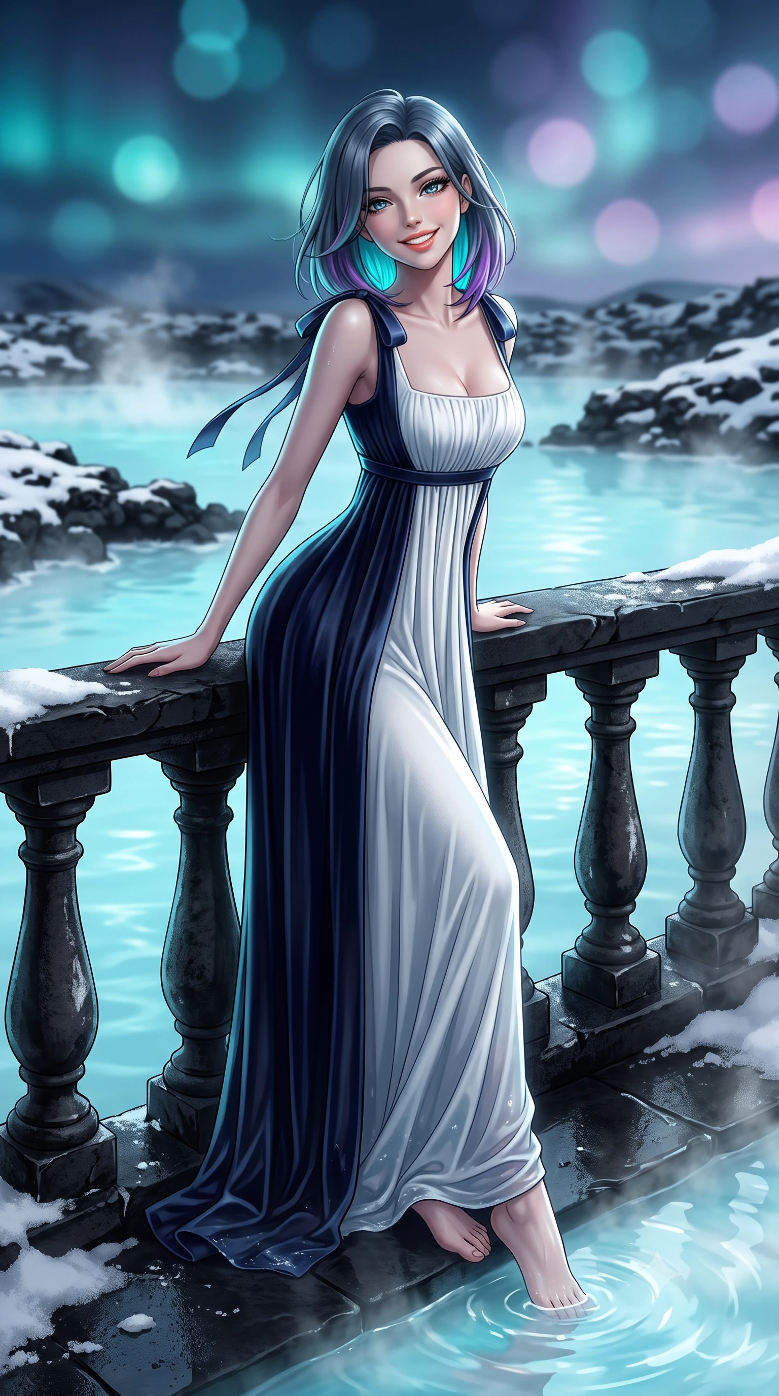 score_9, masterpiece, best quality, ultra-detailed, high-budget anime keyframe, editorial fashion photography, tasteful artistic composition, Caucasian woman. low angle full-body shot from head to toe showing her feet, filling the entire 9:16 vertical frame with her statuesque presence, stretching her vertical silhouette. leaning deep against the balcony balustrade with hips cocked back in an unapologetically alluring high-fashion stance, casting an intoxicating glance while standing poised on the heated black basalt terrace stepping directly into the steaming milky-cyan mineral waters, arching her spine with wet-look siren grace. The background shows a soft-focus steaming milky-cyan geothermal lagoon waters, snow-dusted black lava fields, and midnight twilight skies blurred into turquoise, obsidian, and pastel lilac bokeh. She has an exceptionally tall and slender model-like 8.5-heads proportion, an ultra-slim waist, a flat toned midriff, narrow delicate ribcage, and beautifully sculpted feminine hips creating a graceful, slim hourglass silhouette without any bulky heaviness, with impossibly long slender legs. sharp v-shaped jawline, high-bridge nose, intricate jewel-like sparkling eyes with depth, thick eyelashes, glossy parted lips with a natural peach sheen, bright cheerful beaming smile with an enchanting and coquettish sensual glint, exuding both youthful cute charm and seductive allure, flawlessly proportioned anatomical accuracy, strict slender model proportions, natural body alignment, perfectly sculpted long slender limbs, ultra-slim waistline, clean dynamic posture without body distortion. wearing a classical Habsburg empire-line pleated velvet evening gown with modest square neckline in Mount Fuji snow-peak white and midnight indigo silk, crafted from bespoke double-faced cashmere with an exceptionally soft tactile finish, finished with satin ribbon ties at the shoulders fluttering in the gentle breeze, the bespoke structured tailoring following the natural line of her 8.5-heads silhouette with refined elegance. illuminated by milky water surface specular bounce and sharp platinum-cyan rim lights sculpting her jawline, narrow waist, and curvy hips. ultra-reflective glossy finish, specular highlights, rich textural contrasts, high-contrast stereoscopic depth, volumetric dynamic lighting, 2k, ultra detail, master piece, 9:16 ratio