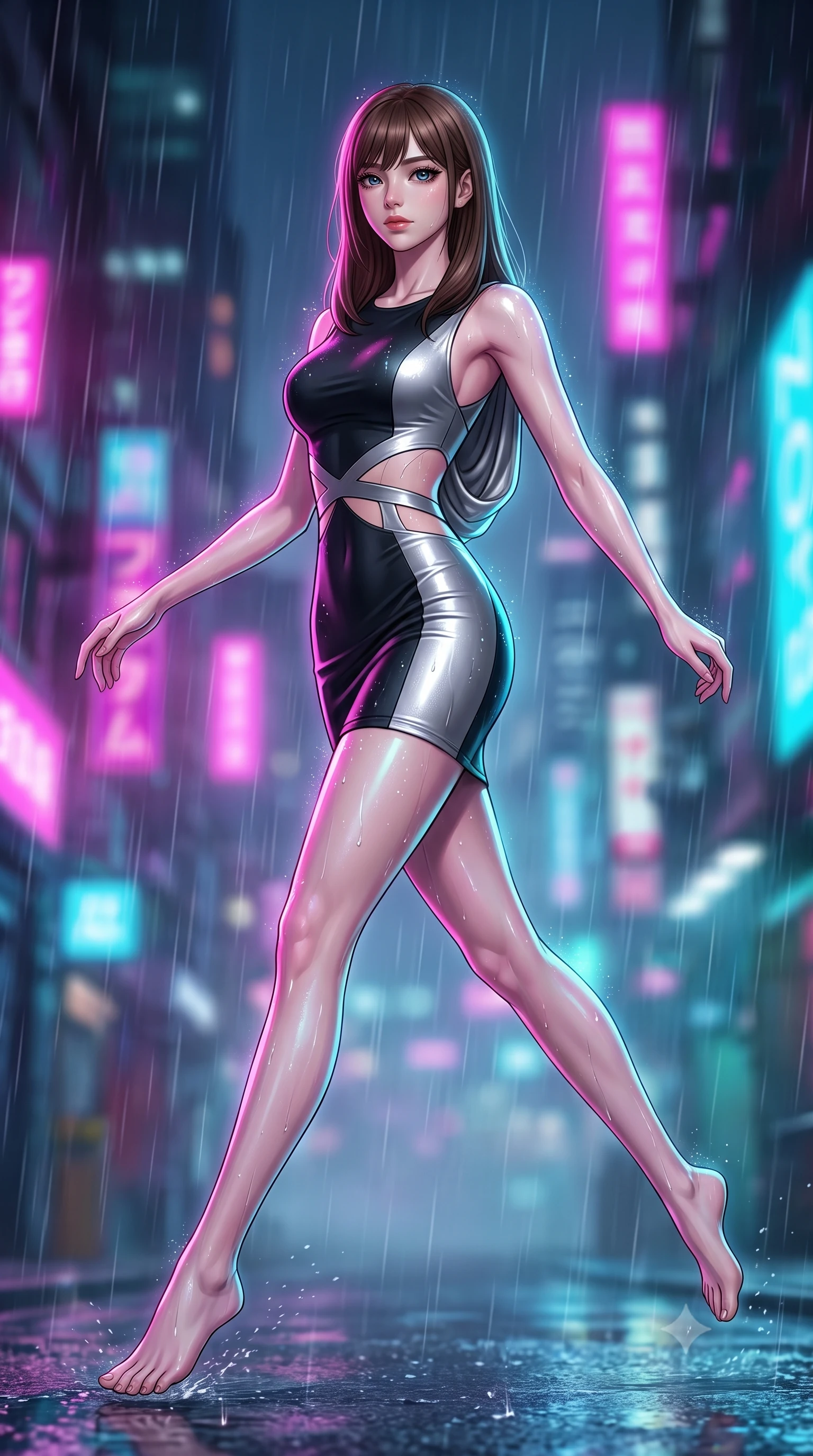 score_9, masterpiece, best quality, ultra-detailed, high-budget anime keyframe, editorial fashion photography, tasteful artistic composition, Korean woman. low angle full-body shot from head to toe showing her feet, filling the entire 9:16 vertical frame with her statuesque presence, stretching her vertical silhouette. leaping gracefully through mid-air with statuesque elegance, her impossibly long slender legs stretched in perfect balance while pivoting in a mid-stride turn as rain droplets glisten on her metallic outfit, soft urban mist scattering vibrant magenta and cyan neon rim light around her form. She has an absolutely perfect, statuesque 8.5-heads proportion, an exceptionally tall and slender model-like female figure with impossibly long slender legs and an ultra-slim waist. sharp v-shaped jawline, high-bridge nose, intricate jewel-like eyes with depth, thick eyelashes, glossy lips with a natural sheen, flawlessly proportioned anatomical accuracy, natural body alignment, perfectly sculpted elegant limbs, clean dynamic posture without body distortion. wearing a precision-fitted liquid jersey bodycon dress with a graceful draped back in matte black and polished silver, formed from sleek second-skin neoprene, featuring subtle geometric cutouts that highlight her ultra-slim midriff, the elegant draped fit framing her graceful clavicle and slender torso. drenched in wet neon reflections with brilliant specular highlights on her silhouette. highly saturated vibrant anime colors, detailed shading with soft gradients, rich glossy textures, high-contrast stereoscopic depth, volumetric dynamic lighting, master piece, 9:16 ratio