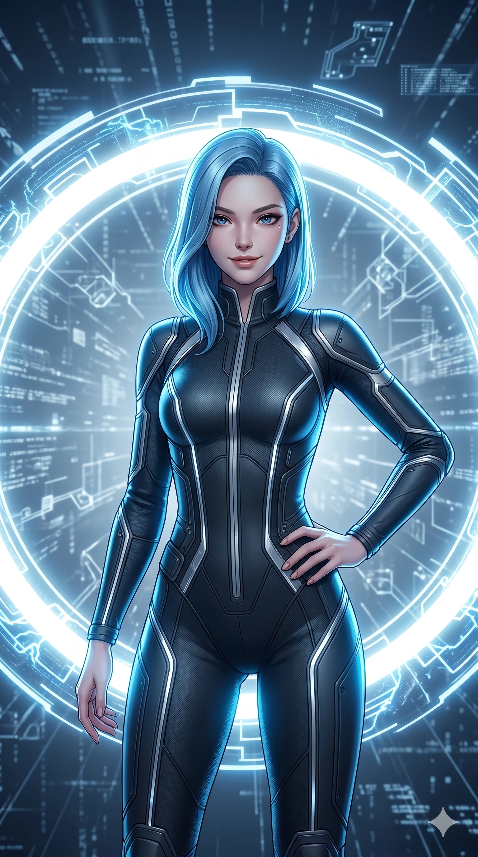 score_9, masterpiece, best quality, ultra-detailed, high-budget anime keyframe, semi-realistic 3D game render, Korean woman. Upper body close-up from the thighs up, character filling the screen for maximum presence. Inside a digital void, next to a giant glowing ring of light, standing inside the ring, looking towards the camera with a confident smile. She is wearing a sleek tech-jumpsuit with dark matte panels and reflective silver piping. The scene is drenched in the bright white light of the ring and a sharp blue rim light. 2k, ultra detail, master piece, 9:16 ratio